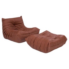 Ligne Roset Togo Brown Leather Armchair and Footstool by Michel Ducaroy