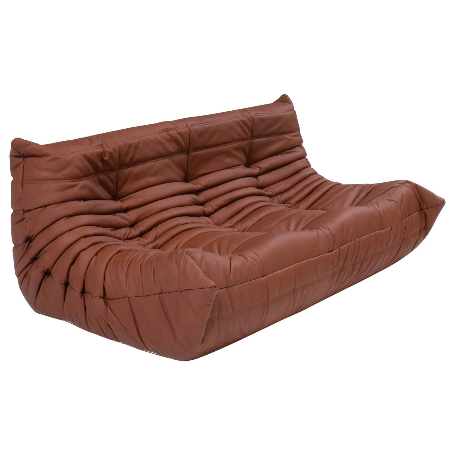 Ligne Roset Togo Brown leather Large 3 Seater, Armchair &  Footstool set 