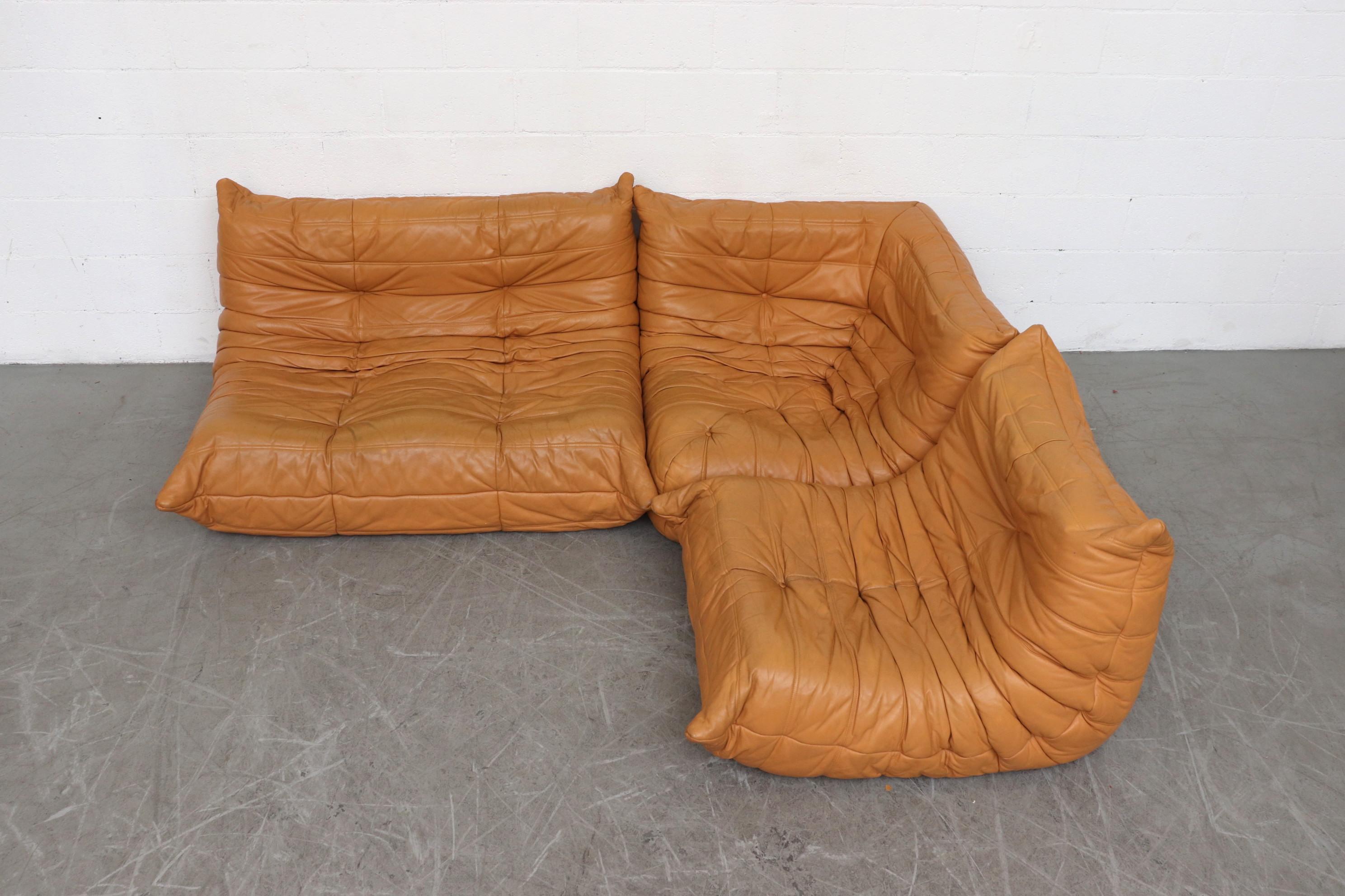 Ligne Roset 'TOGO' butterscotch leather sectional sofa. In good original condition with some signs of wear.