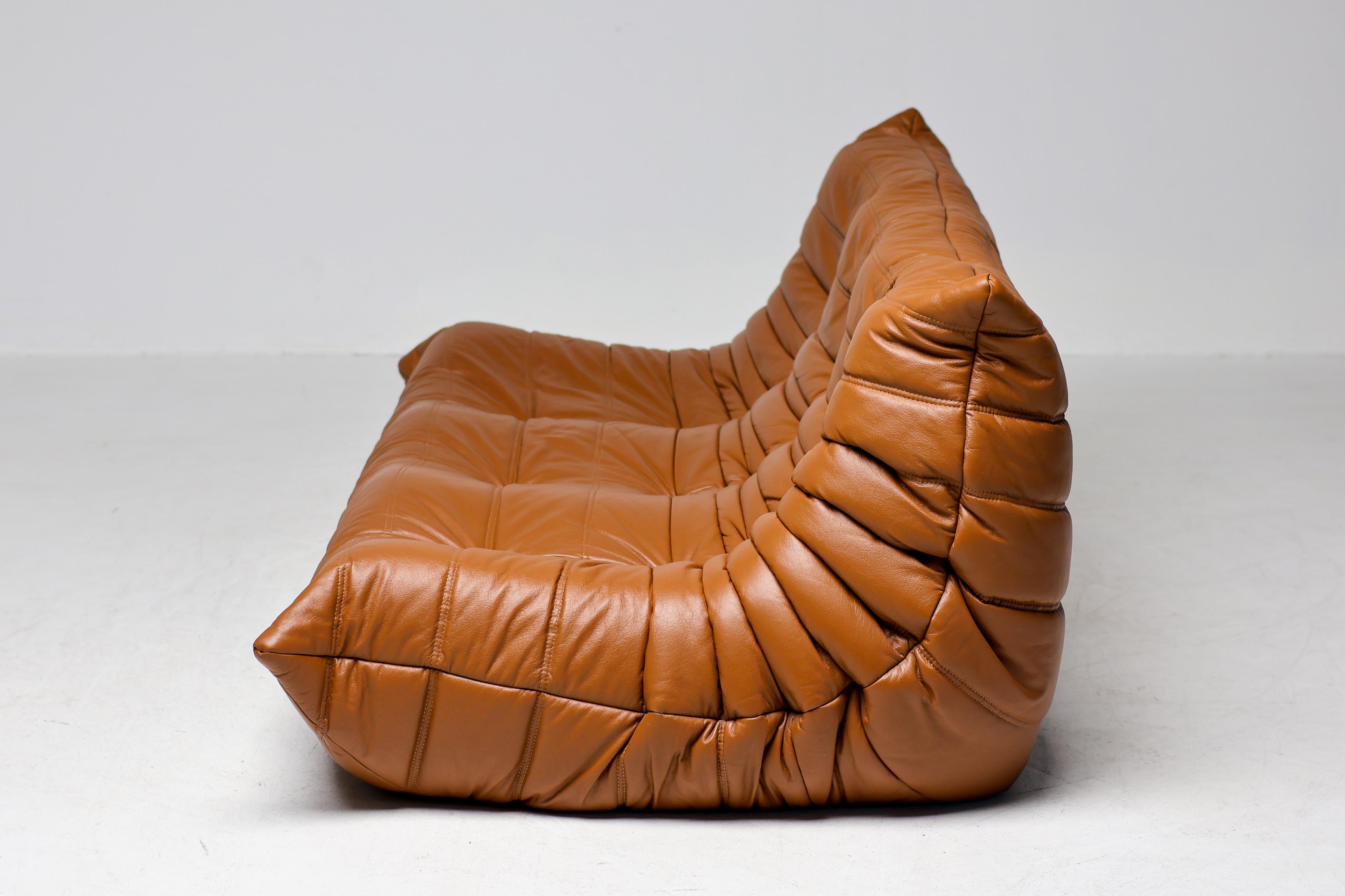 Ligne Roset Togo by Michel Ducaroy Dreisitzer-Sofa aus sattelbraunem Leder im Angebot 6