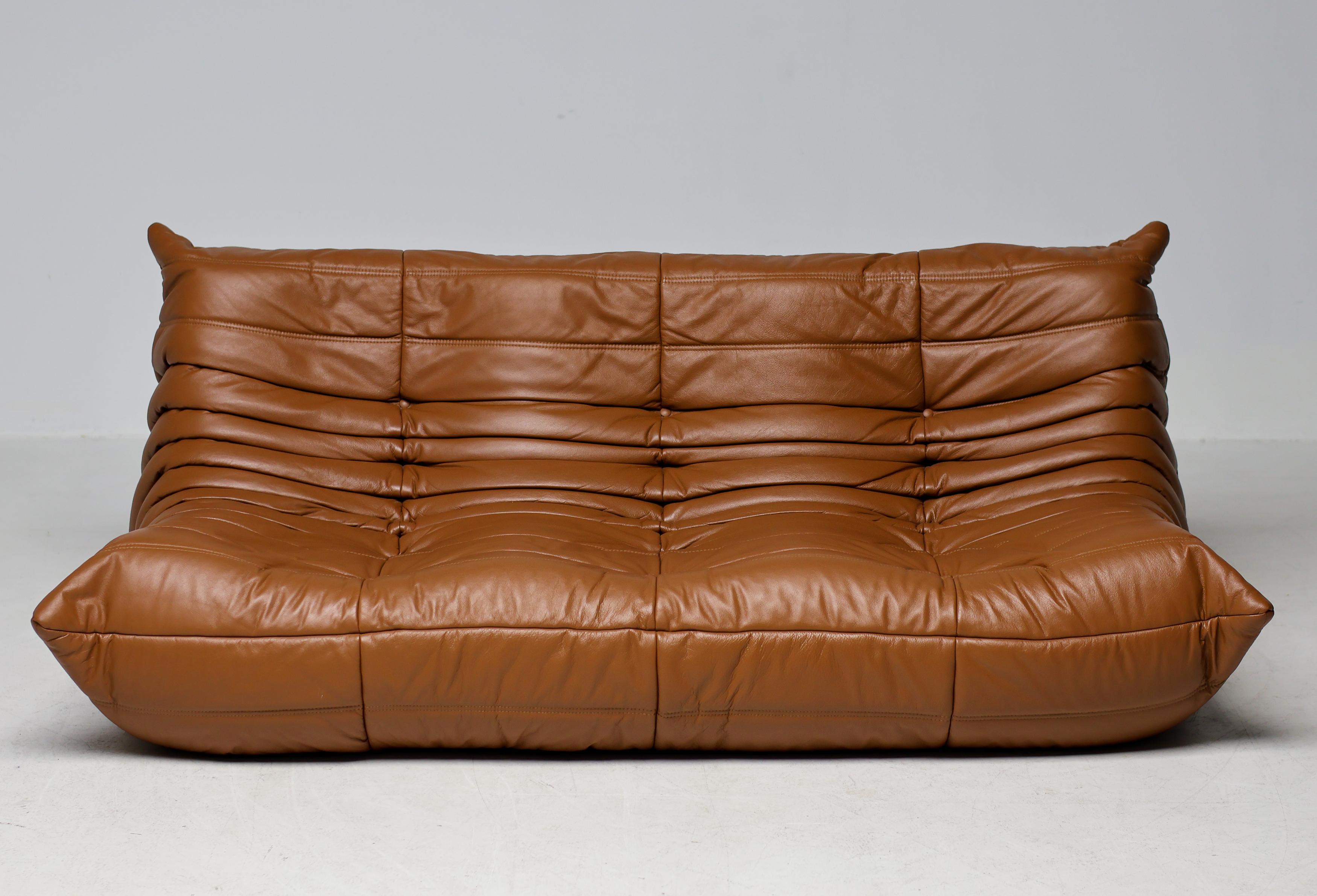 Ligne Roset Togo by Michel Ducaroy Dreisitzer-Sofa aus sattelbraunem Leder im Angebot 8