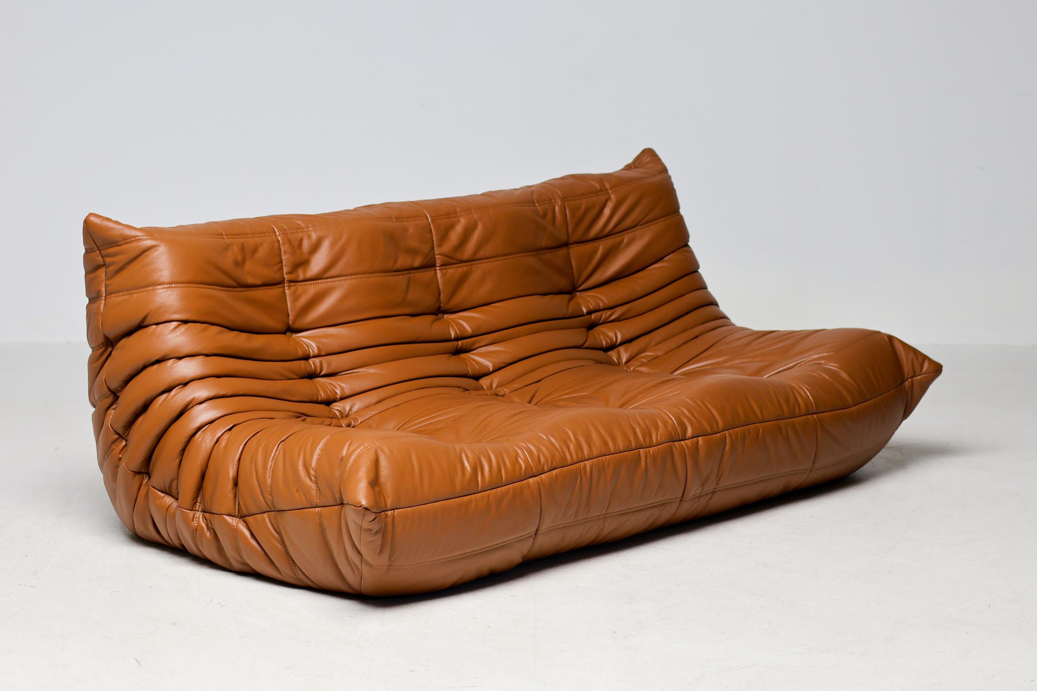 Ligne Roset Togo by Michel Ducaroy Dreisitzer-Sofa aus sattelbraunem Leder (Moderne der Mitte des Jahrhunderts) im Angebot