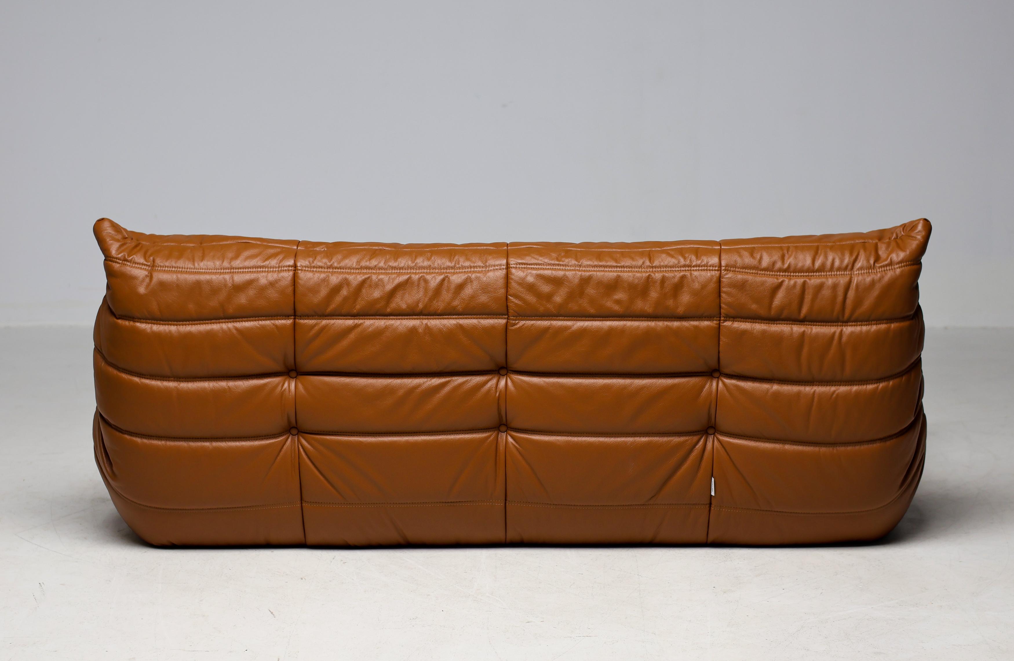 Ligne Roset Togo by Michel Ducaroy Dreisitzer-Sofa aus sattelbraunem Leder im Angebot 2