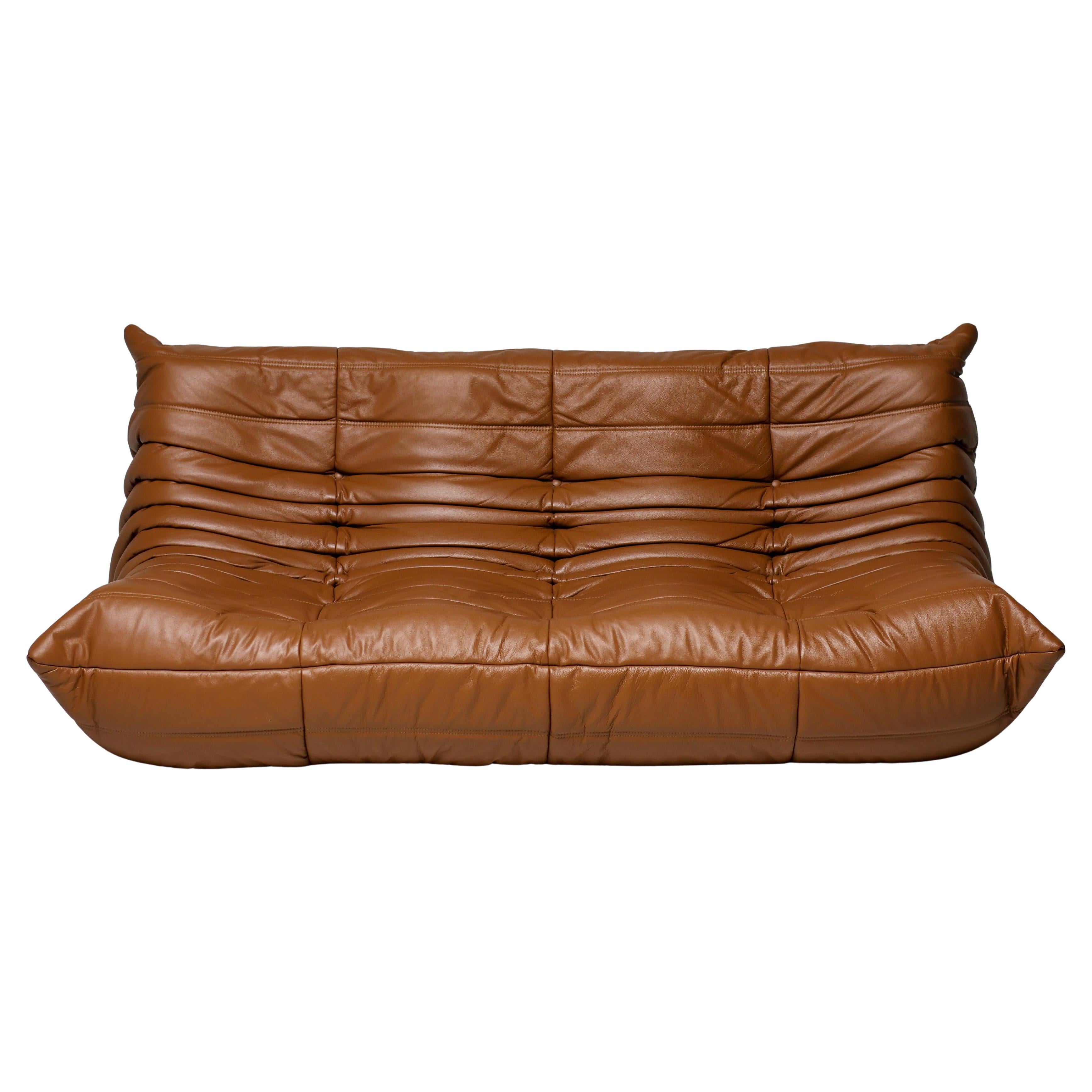 Ligne Roset Togo by Michel Ducaroy Dreisitzer-Sofa aus sattelbraunem Leder im Angebot