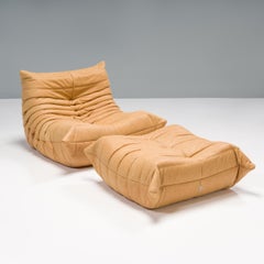 Ligne Roset Togo Kamel-Ledersessel und Fußhocker von Michel Ducaroy