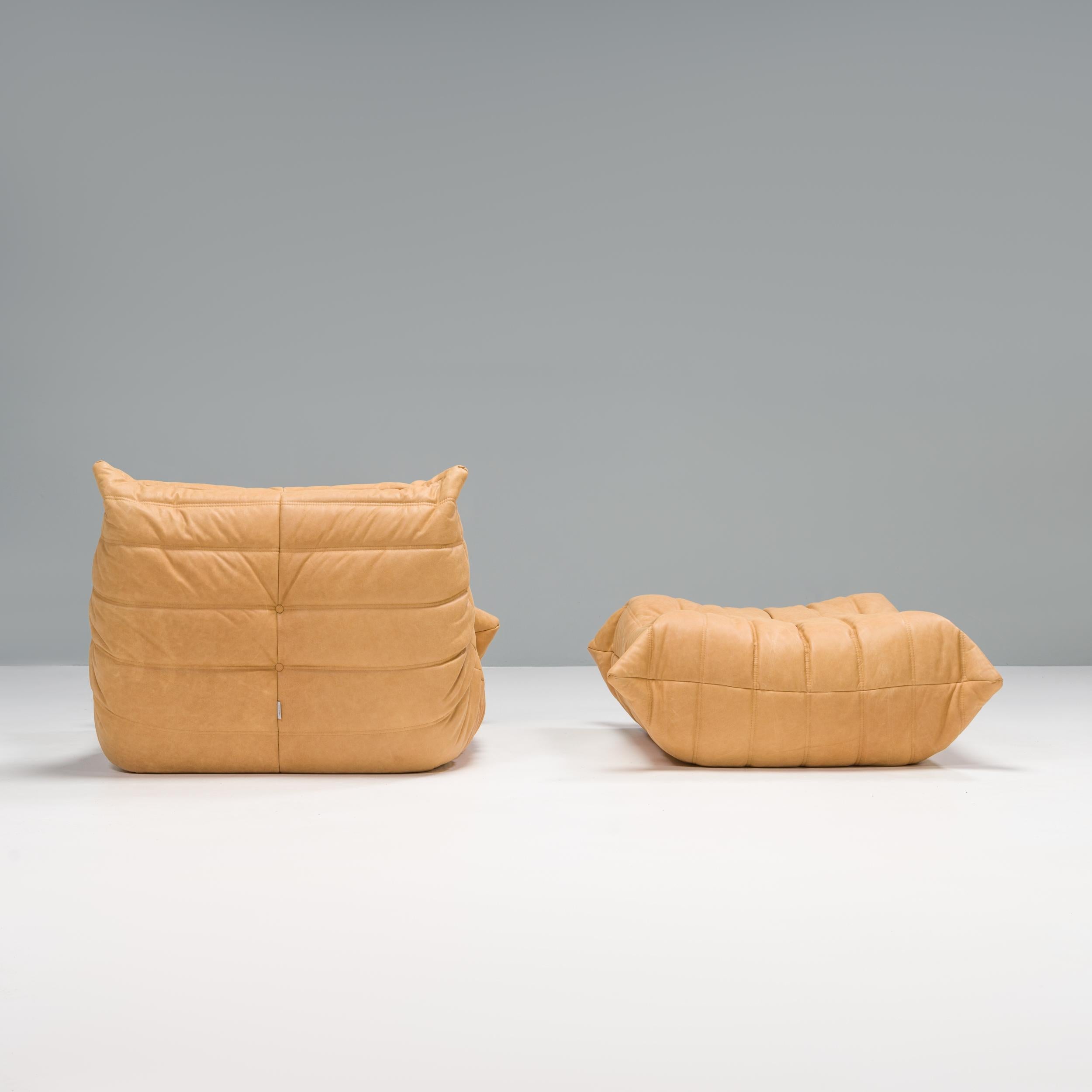 French Ligne Roset Togo Camel Leather Armchair and Footstool by Michel Ducaroy