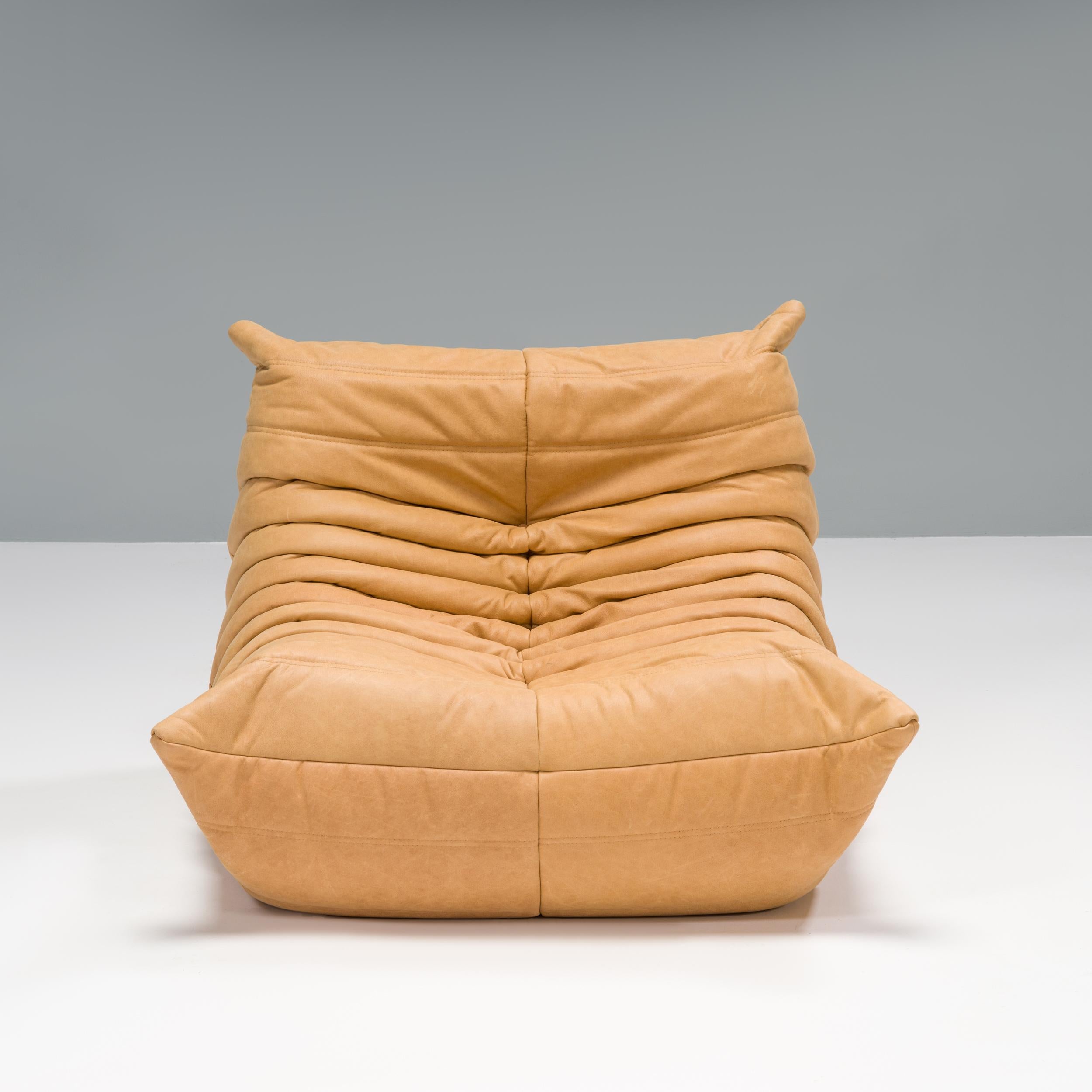 Late 20th Century Ligne Roset Togo Camel Leather Armchair and Footstool by Michel Ducaroy