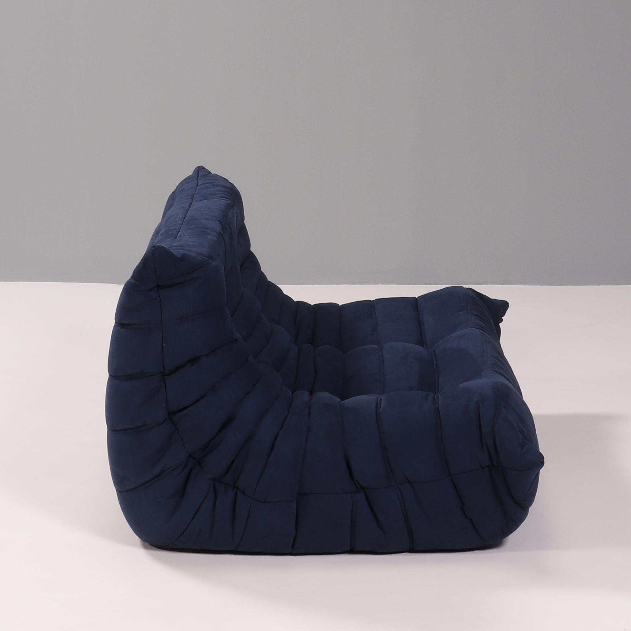Ligne Roset Togo Dark Blue Armchair and Footstool by Michel Ducaroy, Set of 2 In Good Condition In Basildon, London