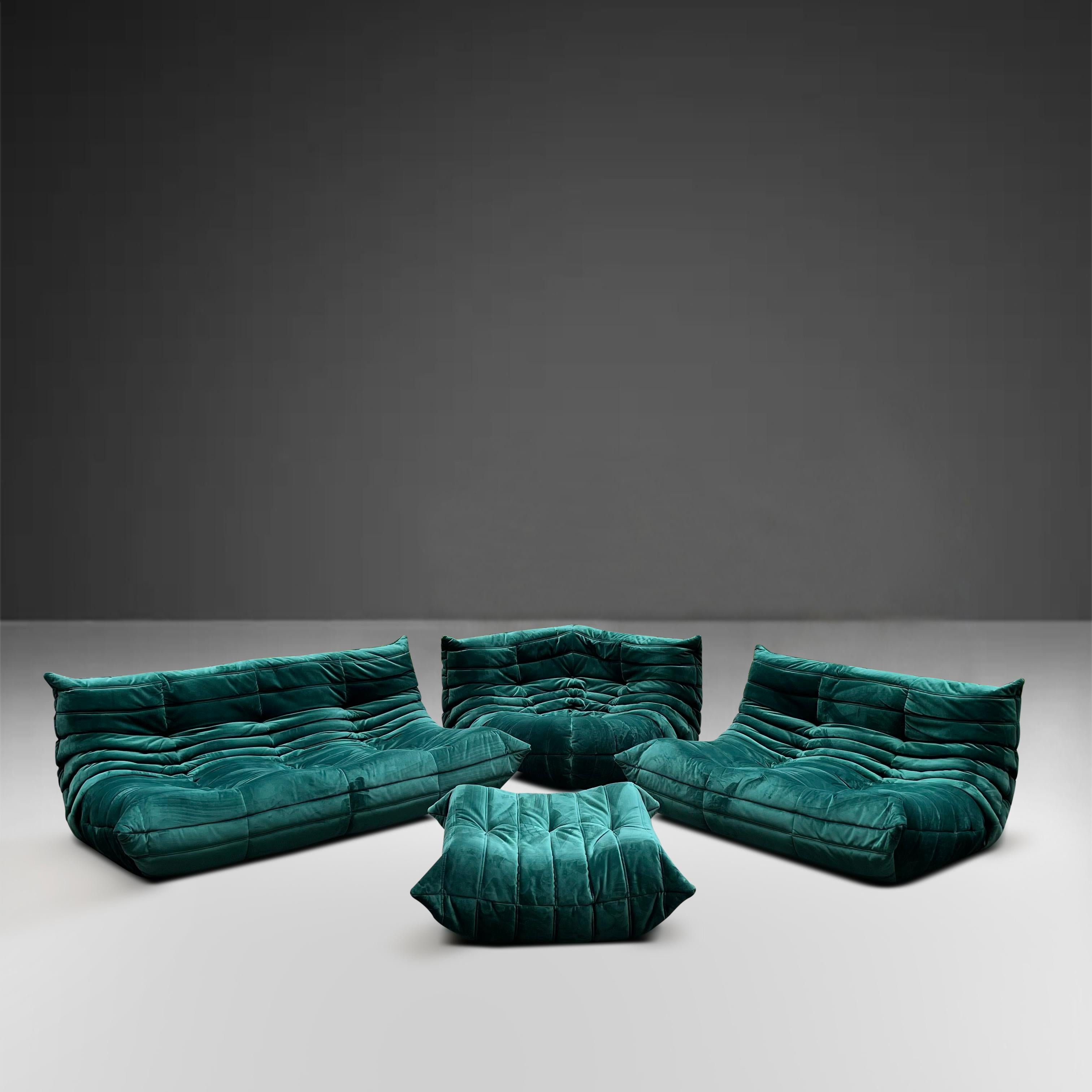 Ligne Roset Togo Emerald Green Seating Two Sofas, Corner and Ottoman Set of Four 4