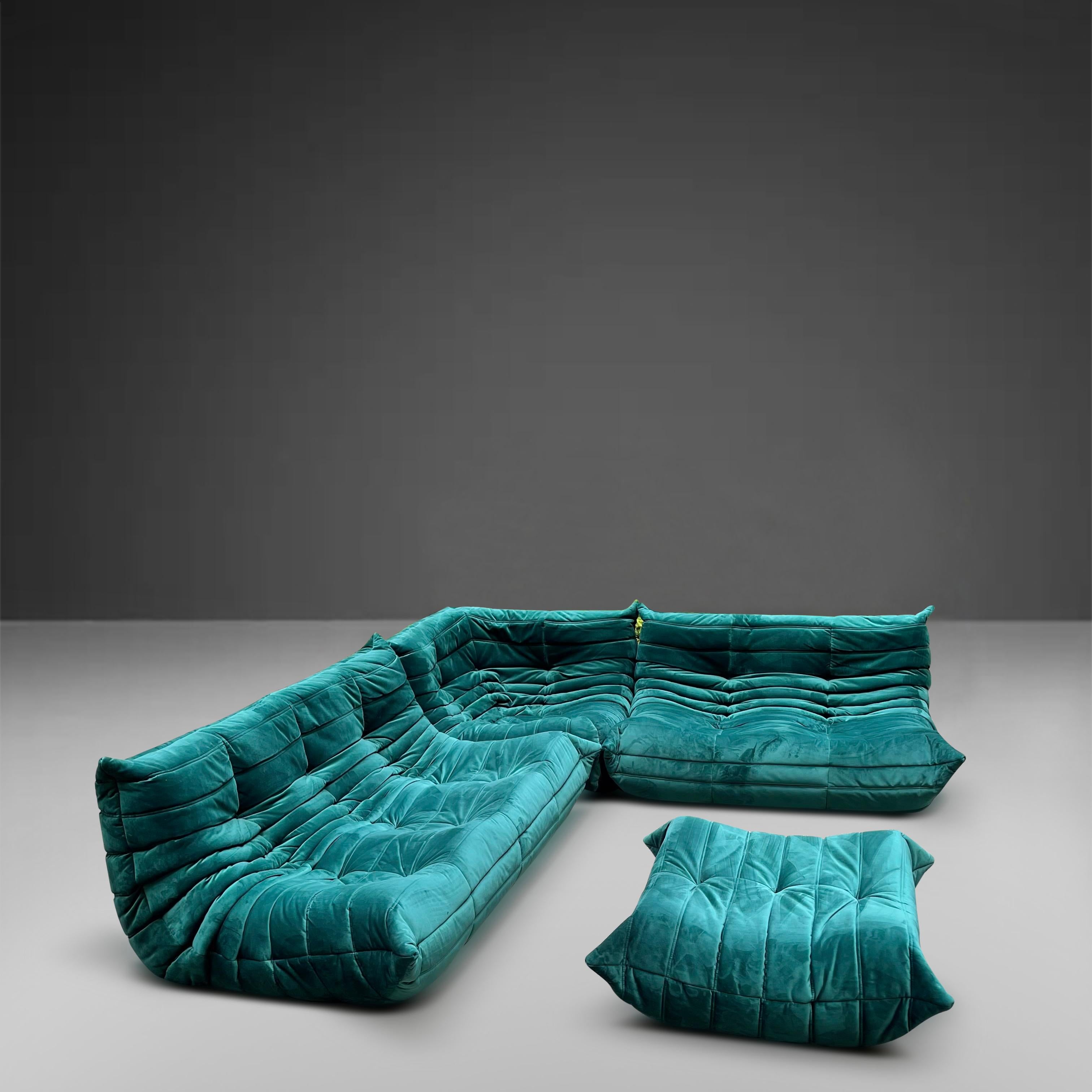 French Ligne Roset Togo Emerald Green Seating Two Sofas, Corner and Ottoman Set of Four