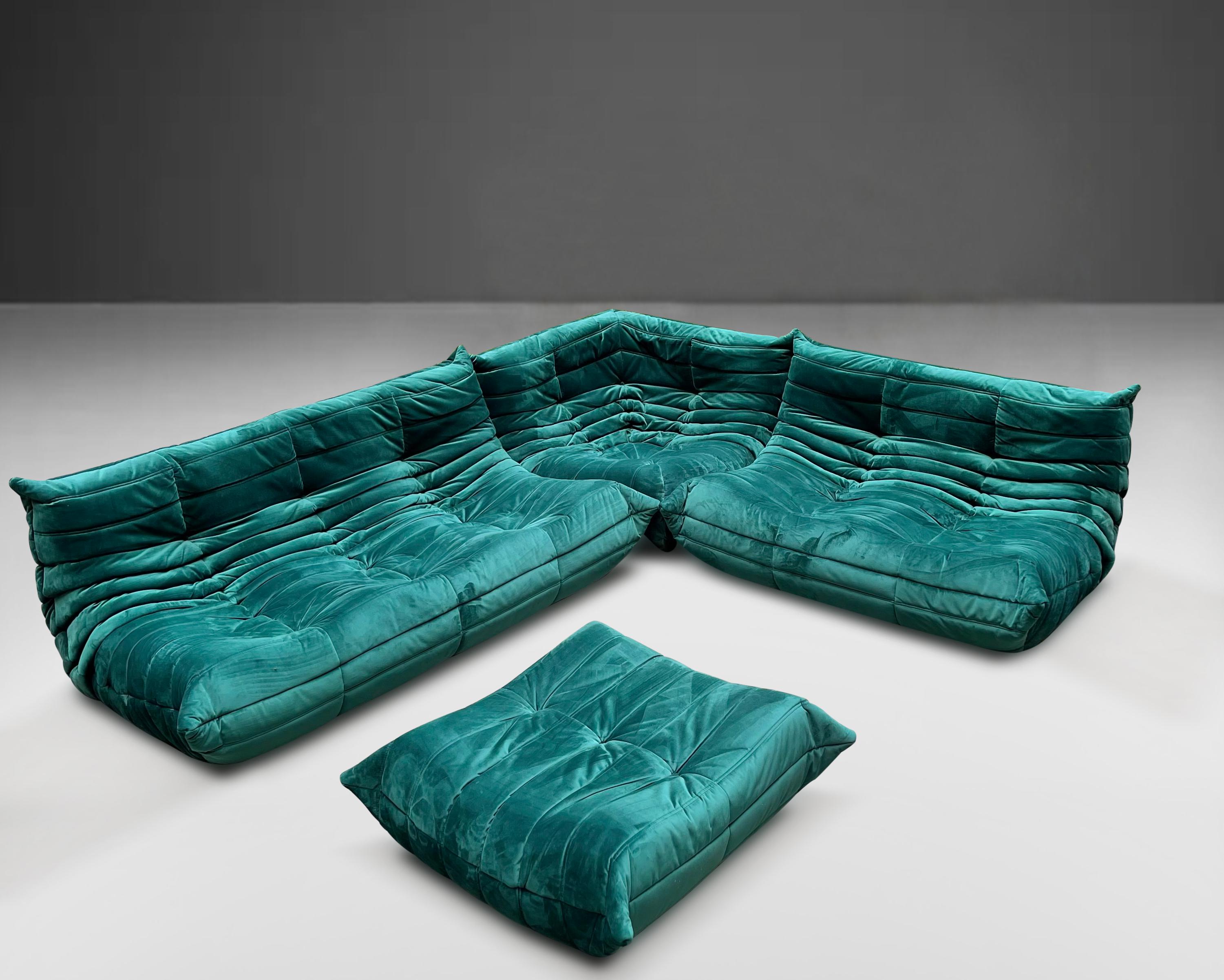 Late 20th Century Ligne Roset Togo Emerald Green Seating Two Sofas, Corner and Ottoman Set of Four