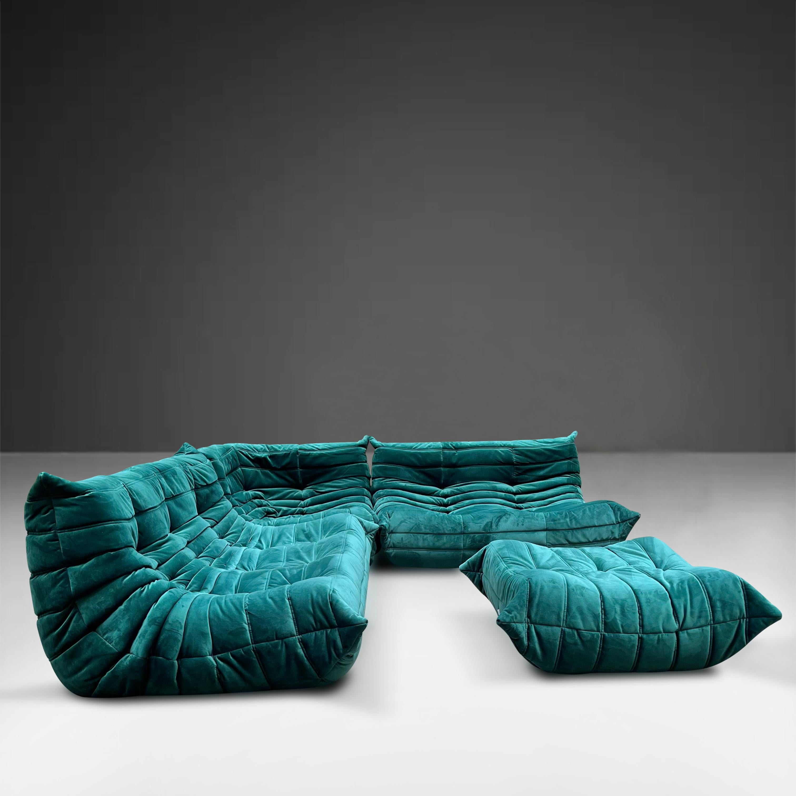 Fabric Ligne Roset Togo Emerald Green Seating Two Sofas, Corner and Ottoman Set of Four