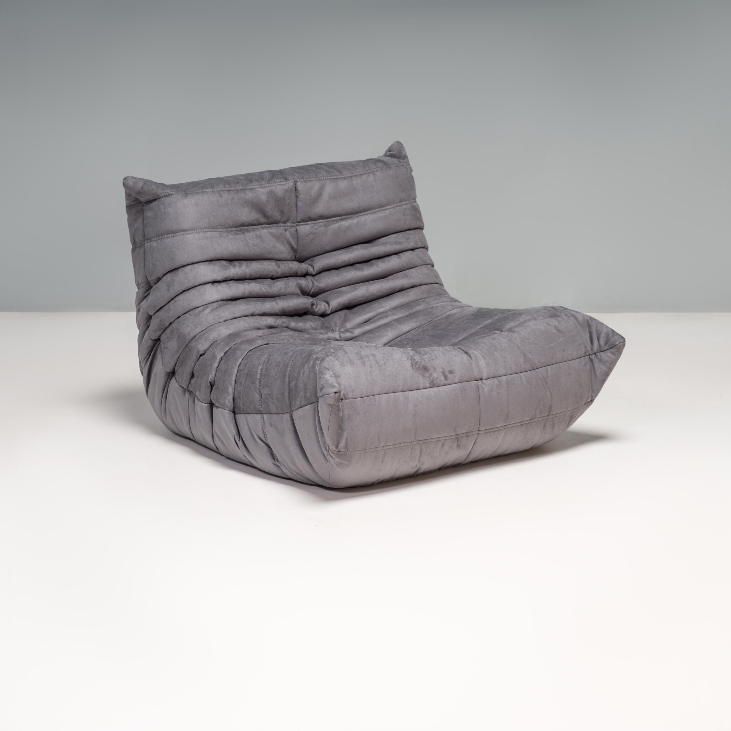 French Ligne Roset Togo Grey Armchair and Footstool by Michel Ducaroy, Set of 2
