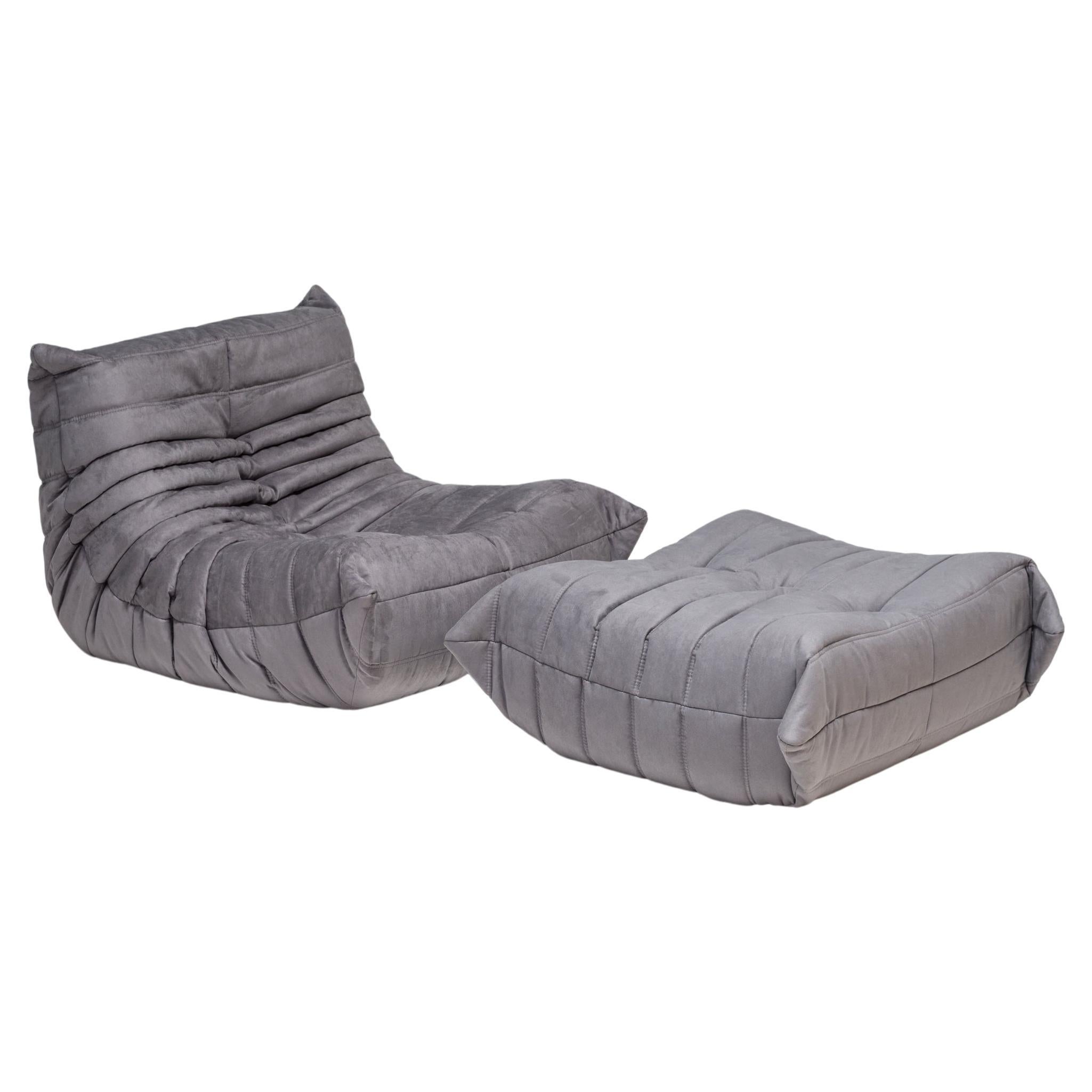 Ligne Roset Togo Grey Armchair and Footstool by Michel Ducaroy, Set of 2