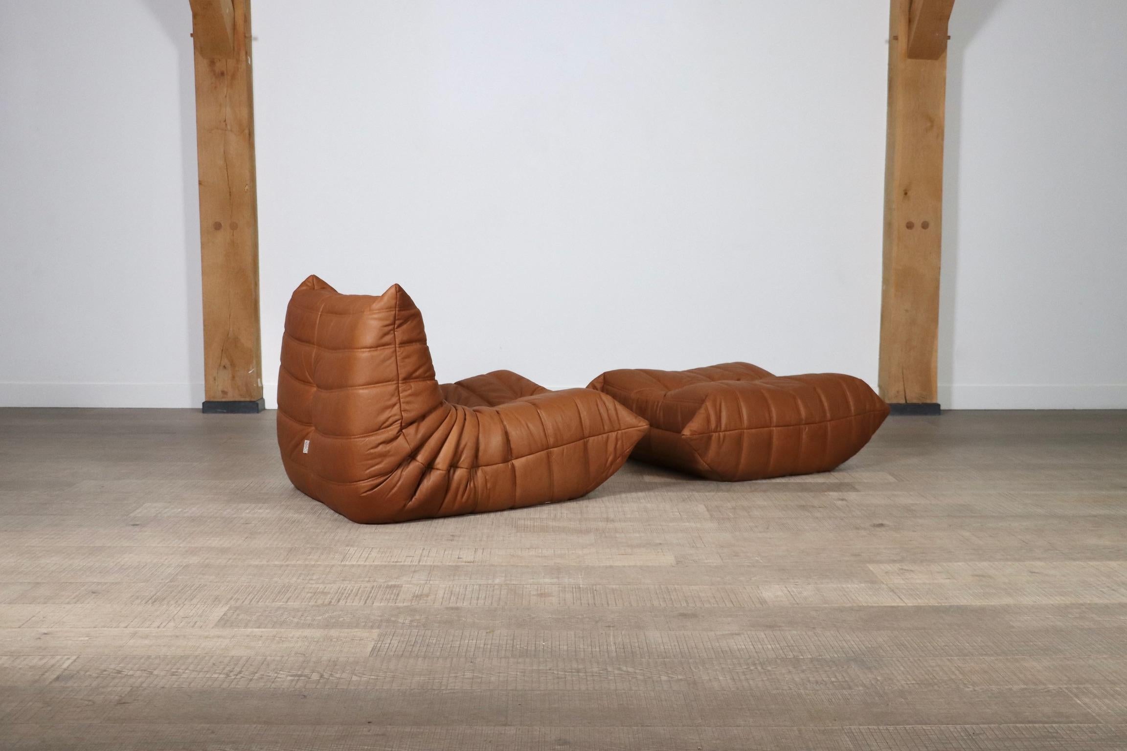 Ligne Roset Togo Lounge Chair With Ottoman In Cognac Leather By Michel Ducaroy 1