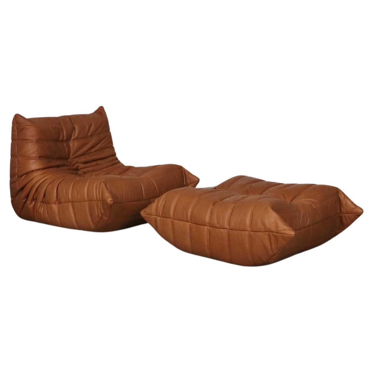 Ligne Roset Togo Lounge Chair With Ottoman In Cognac Leather By Michel Ducaroy