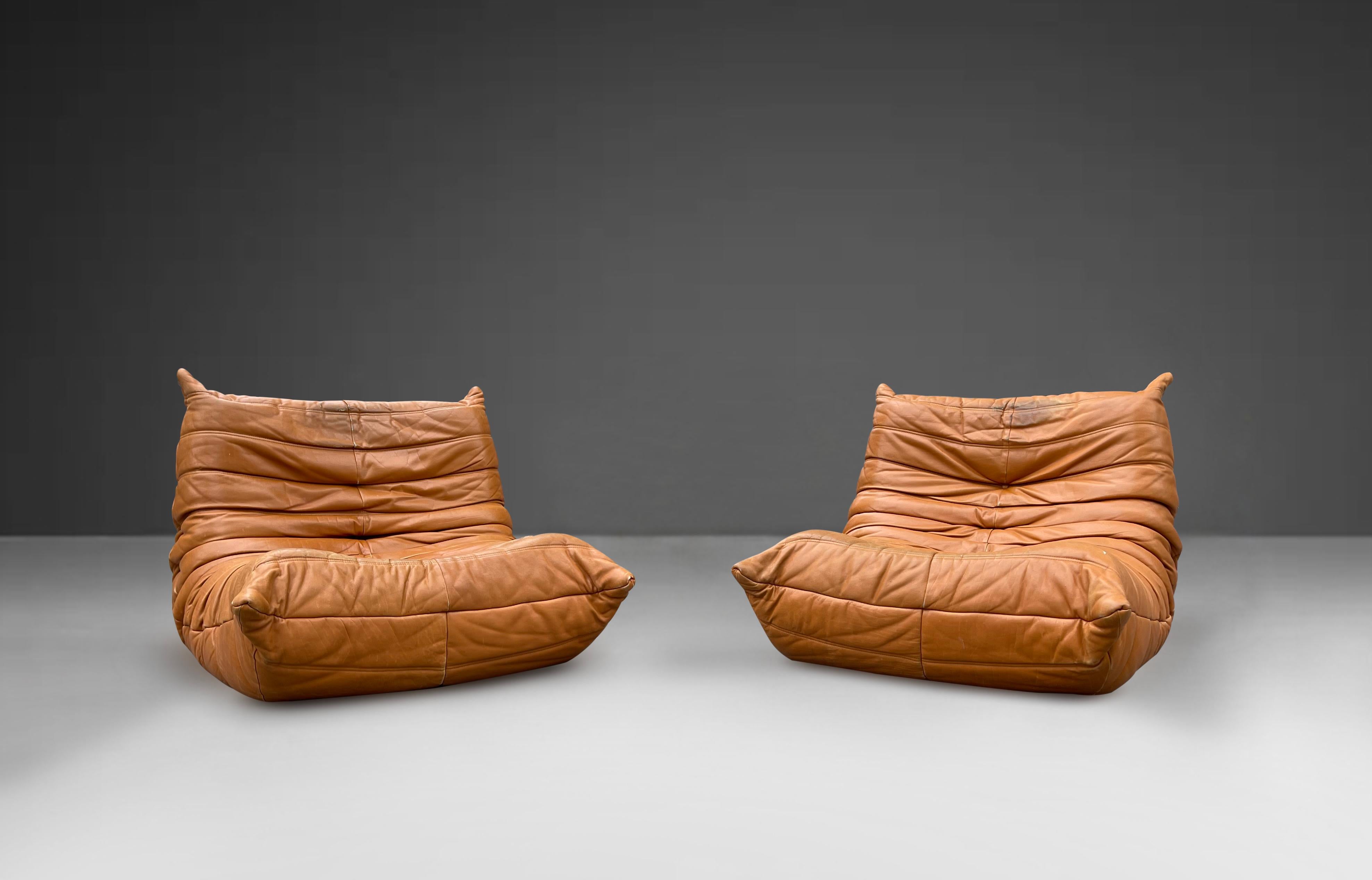 French Ligne Roset Togo Lounge Chairs Patinated Cognac Leather Set of Two, France 1970