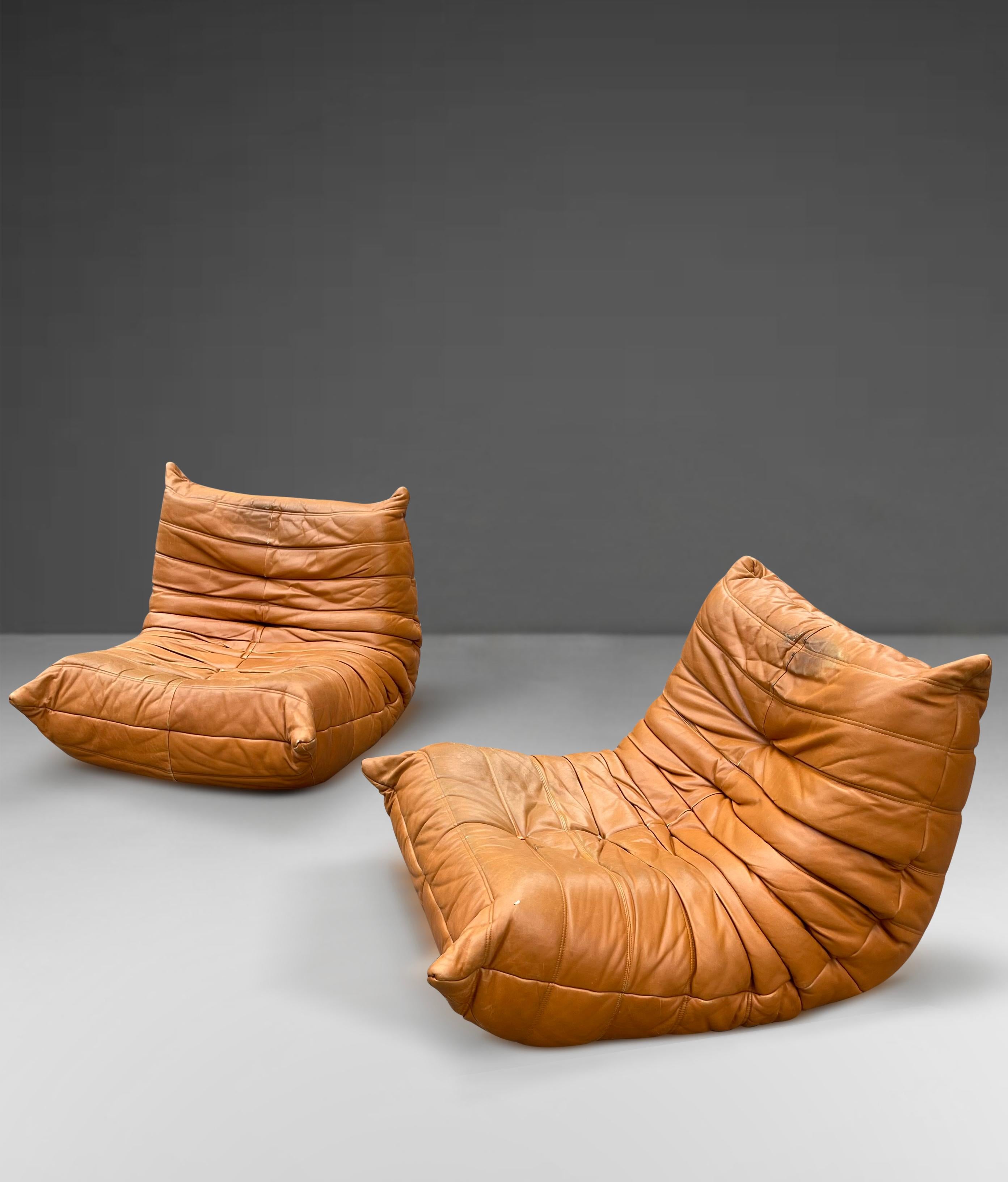 Ligne Roset Togo Lounge Chairs Patinated Cognac Leather Set of Two, France 1970 In Good Condition In Vienna, AT