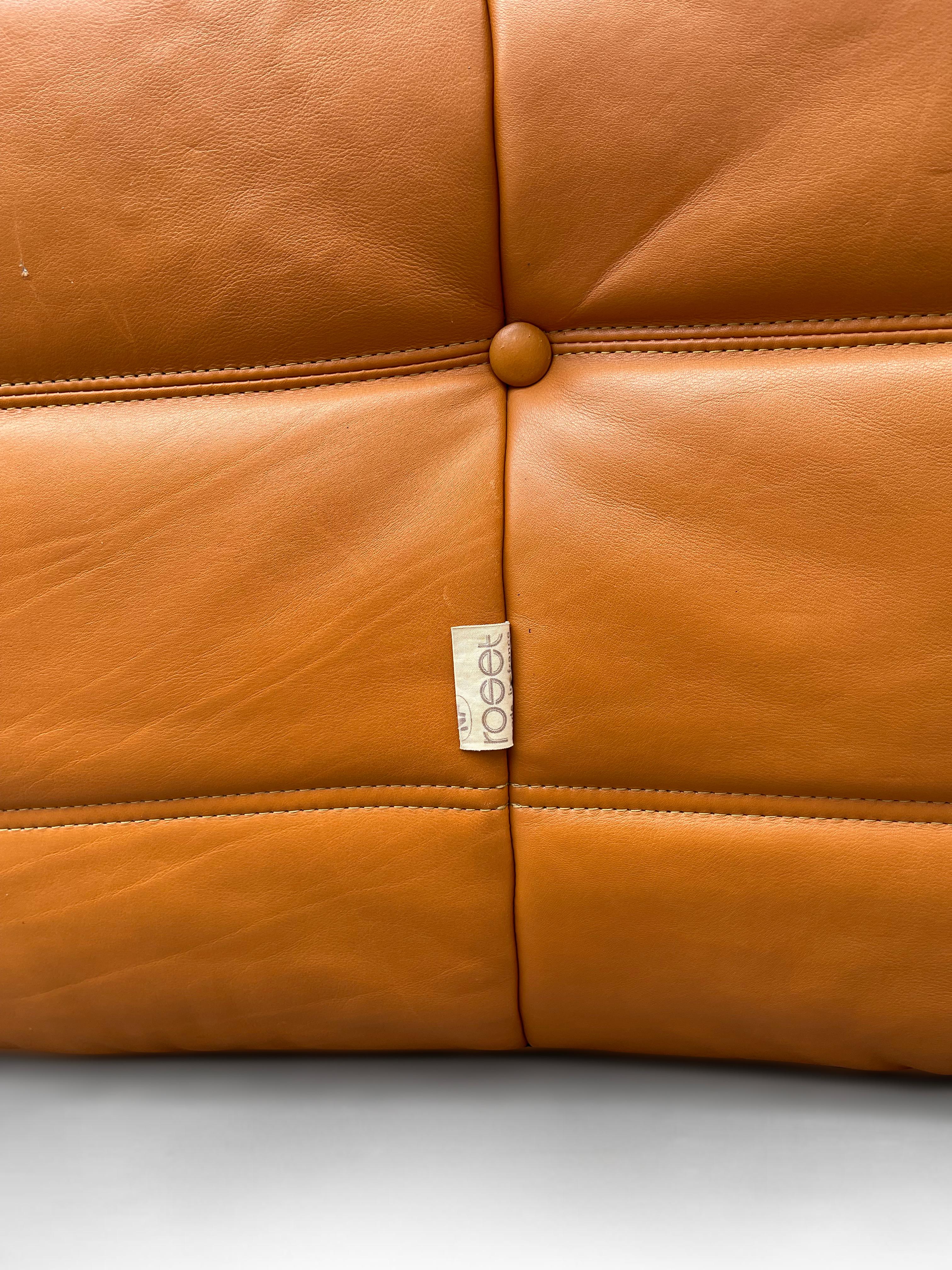 Late 20th Century Ligne Roset Togo Lounge Chairs Patinated Cognac Leather Set of Two, France 1970