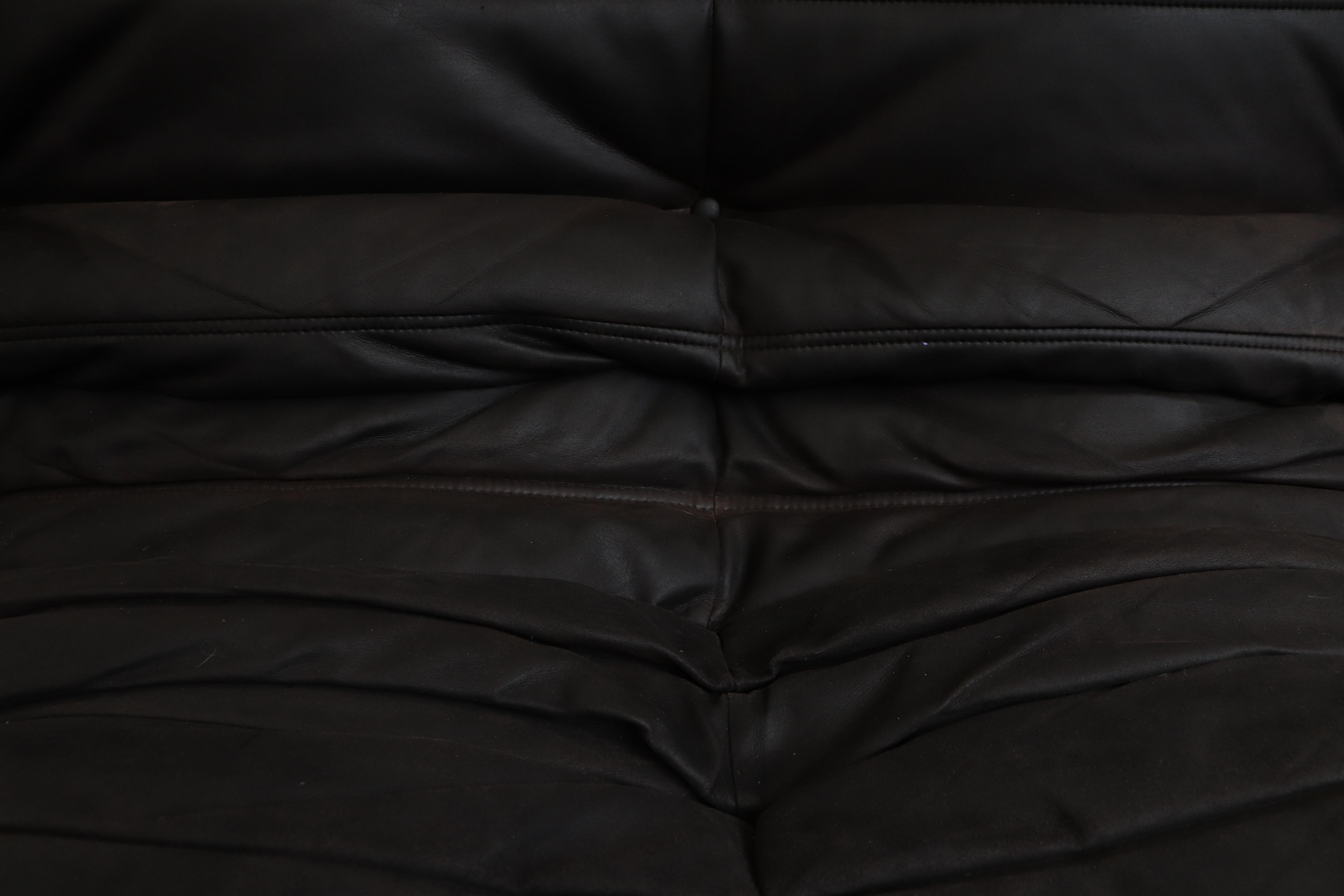 Ligne Roset 'TOGO' Matte Black Leather 3-Seater Sofa with Ottoman 5