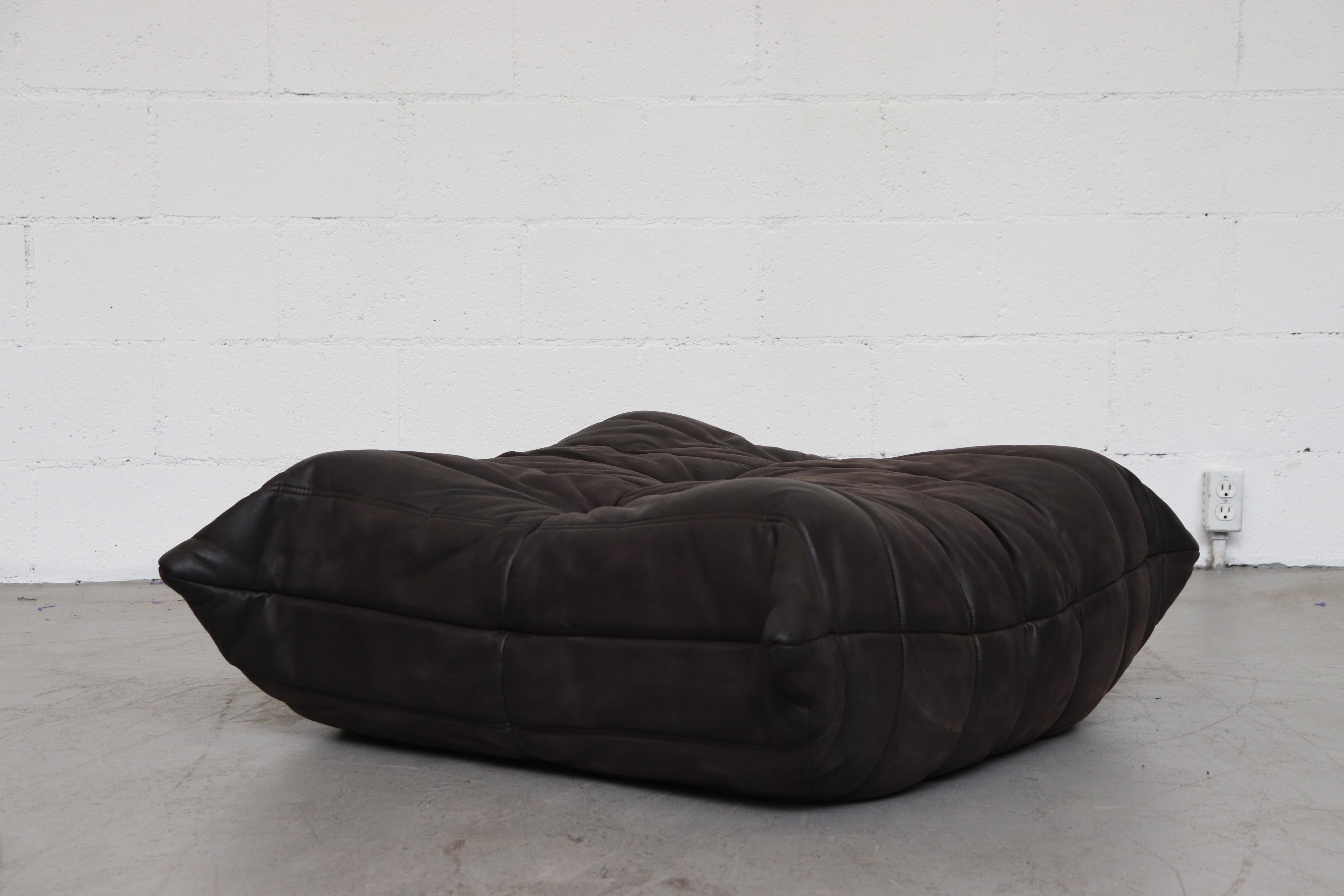Ligne Roset 'TOGO' Matte Black Leather 3-Seater Sofa with Ottoman 8