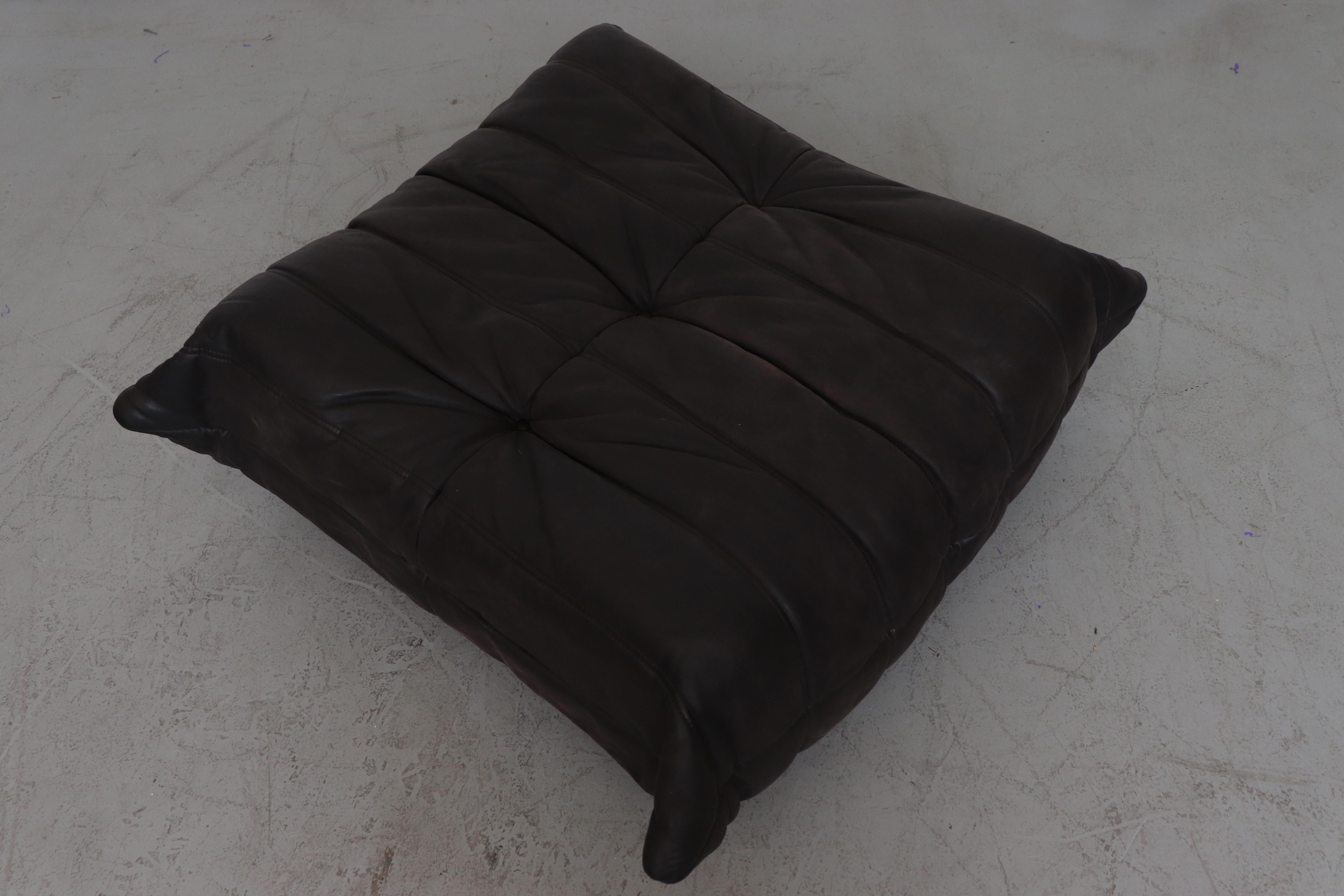 Ligne Roset 'TOGO' Matte Black Leather 3-Seater Sofa with Ottoman 9