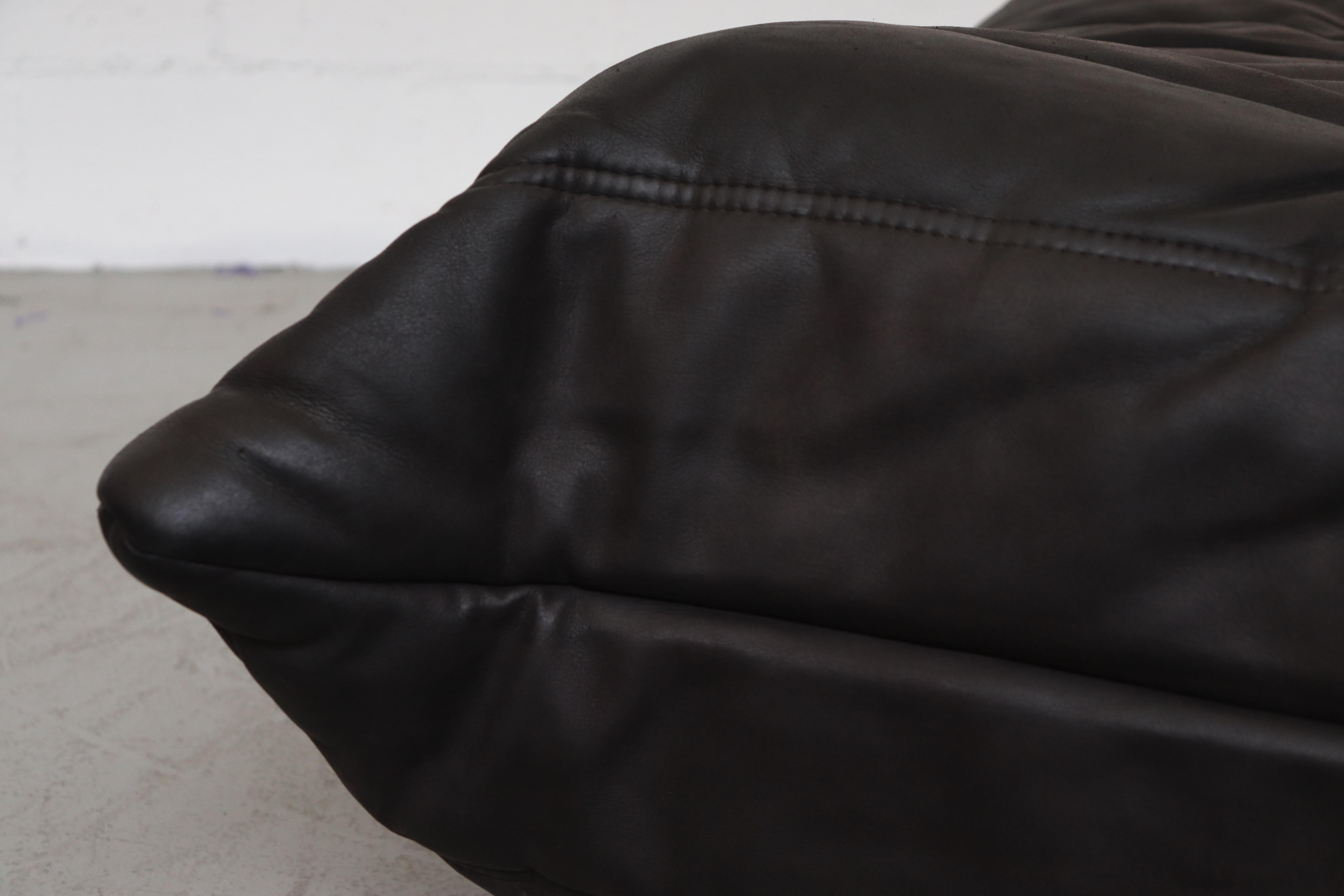 Ligne Roset 'TOGO' Matte Black Leather 3-Seater Sofa with Ottoman 12