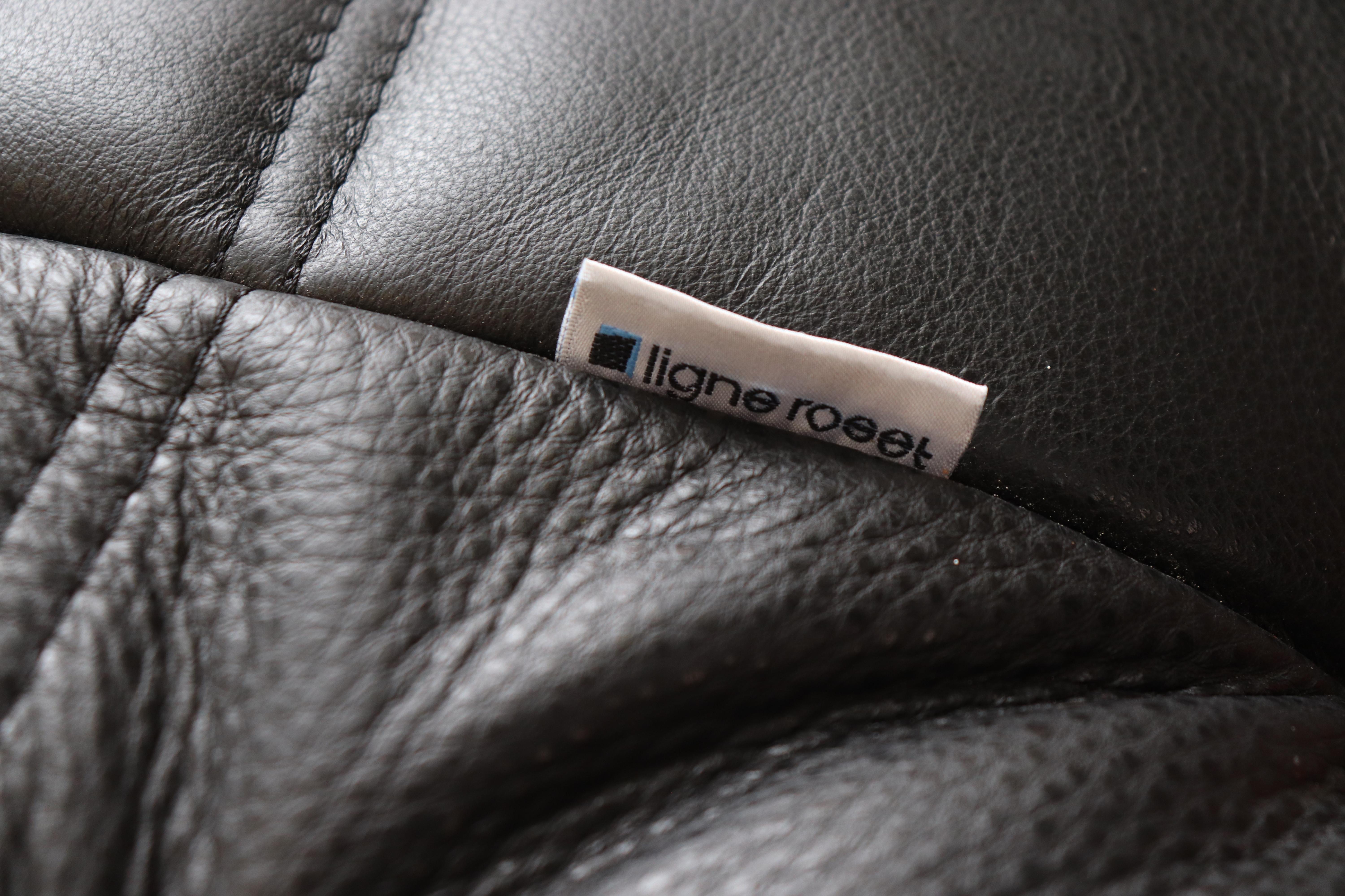 Ligne Roset 'TOGO' Matte Black Leather 3-Seater Sofa with Ottoman 13