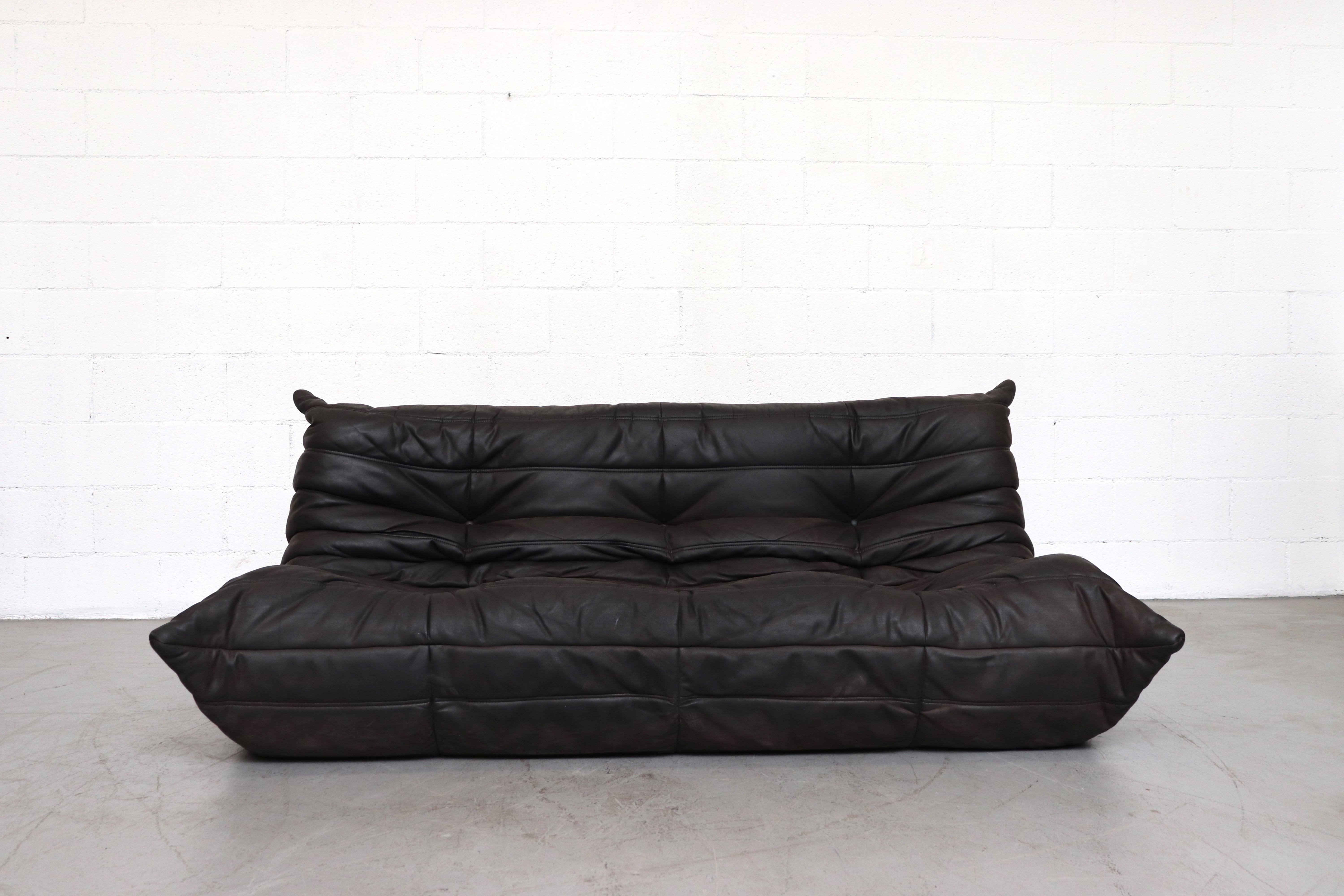 Mid-Century Modern Ligne Roset 'TOGO' Matte Black Leather 3-Seater Sofa with Ottoman