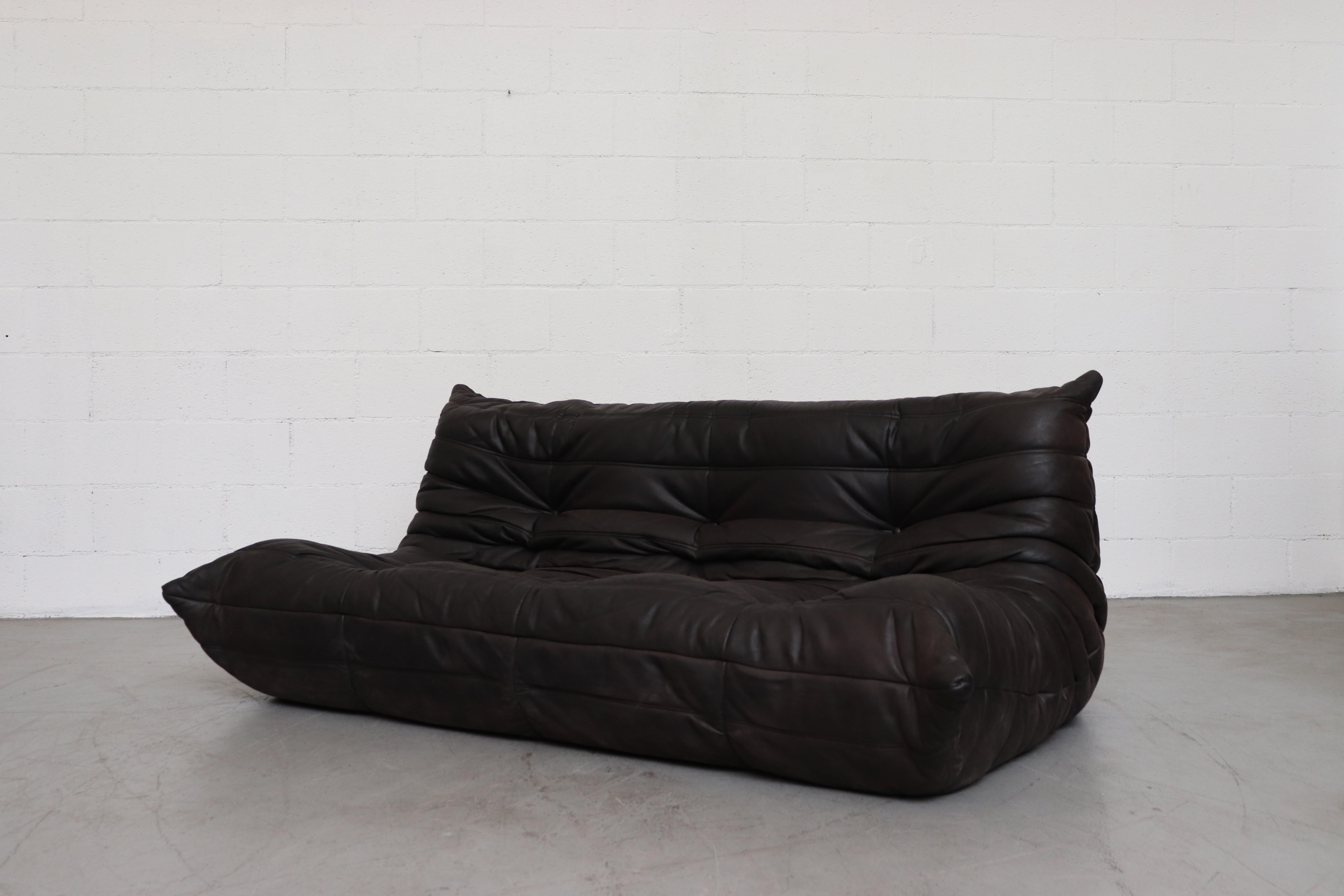 Dutch Ligne Roset 'TOGO' Matte Black Leather 3-Seater Sofa with Ottoman