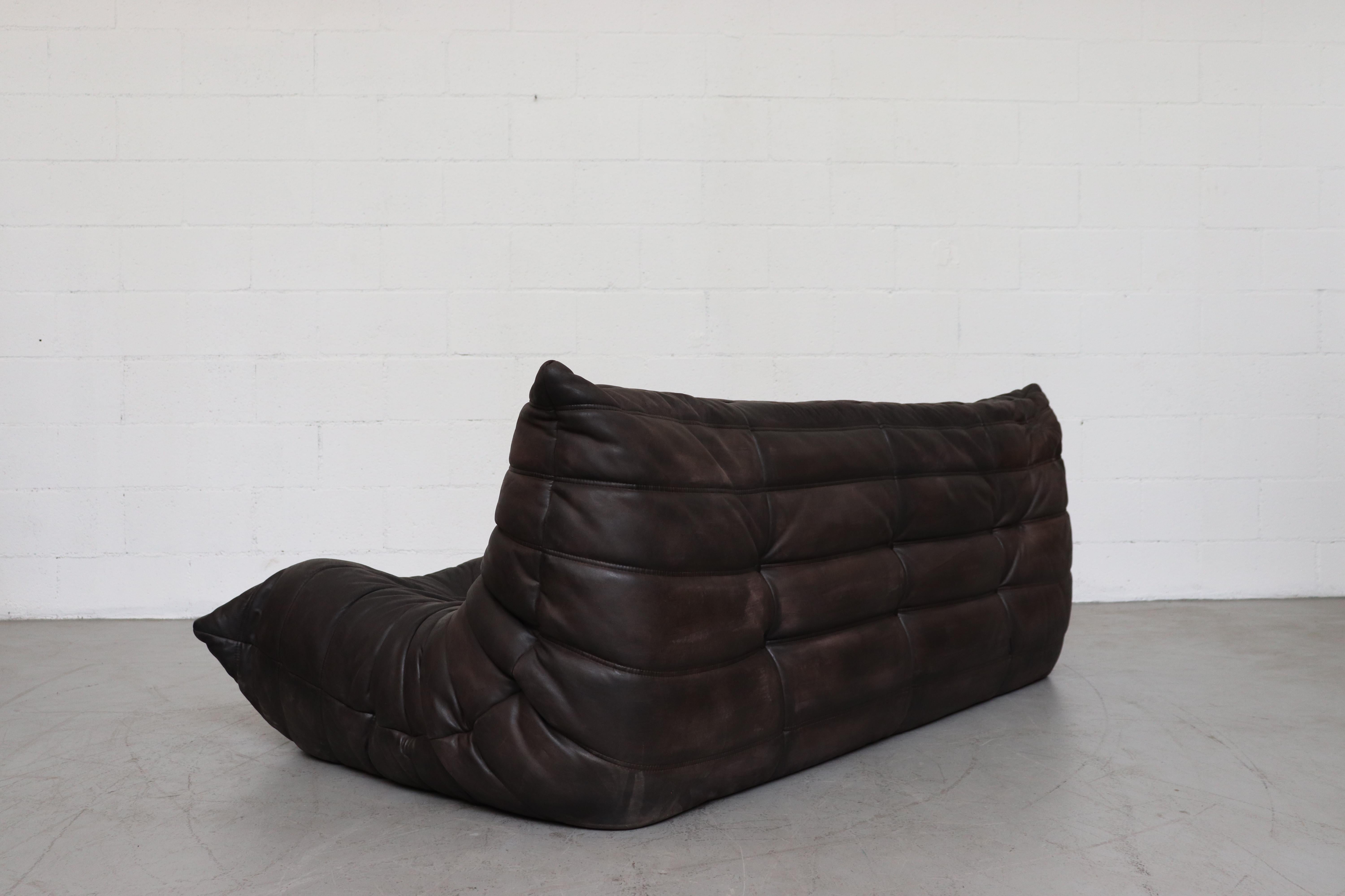 Late 20th Century Ligne Roset 'TOGO' Matte Black Leather 3-Seater Sofa with Ottoman