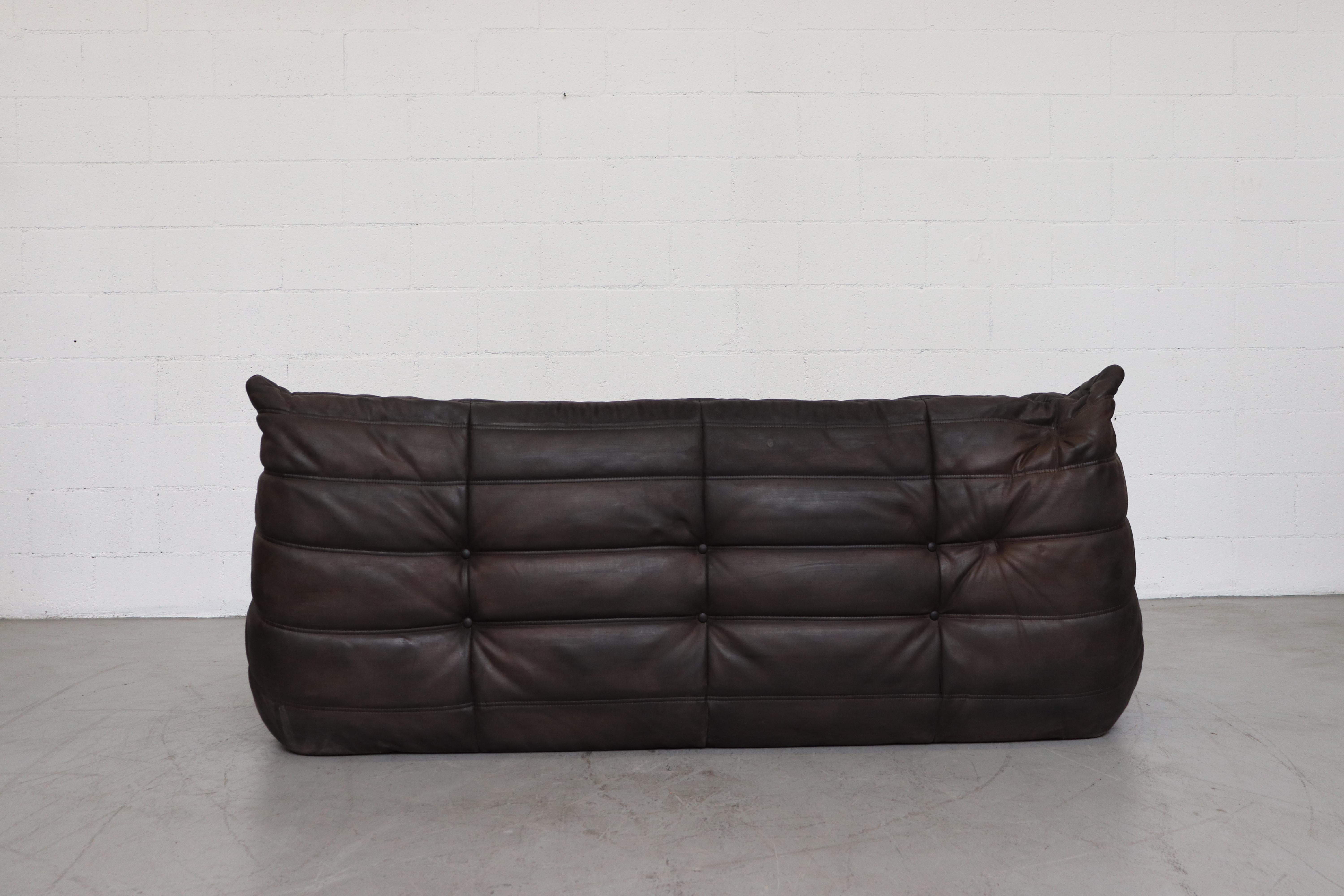Ligne Roset 'TOGO' Matte Black Leather 3-Seater Sofa with Ottoman 1