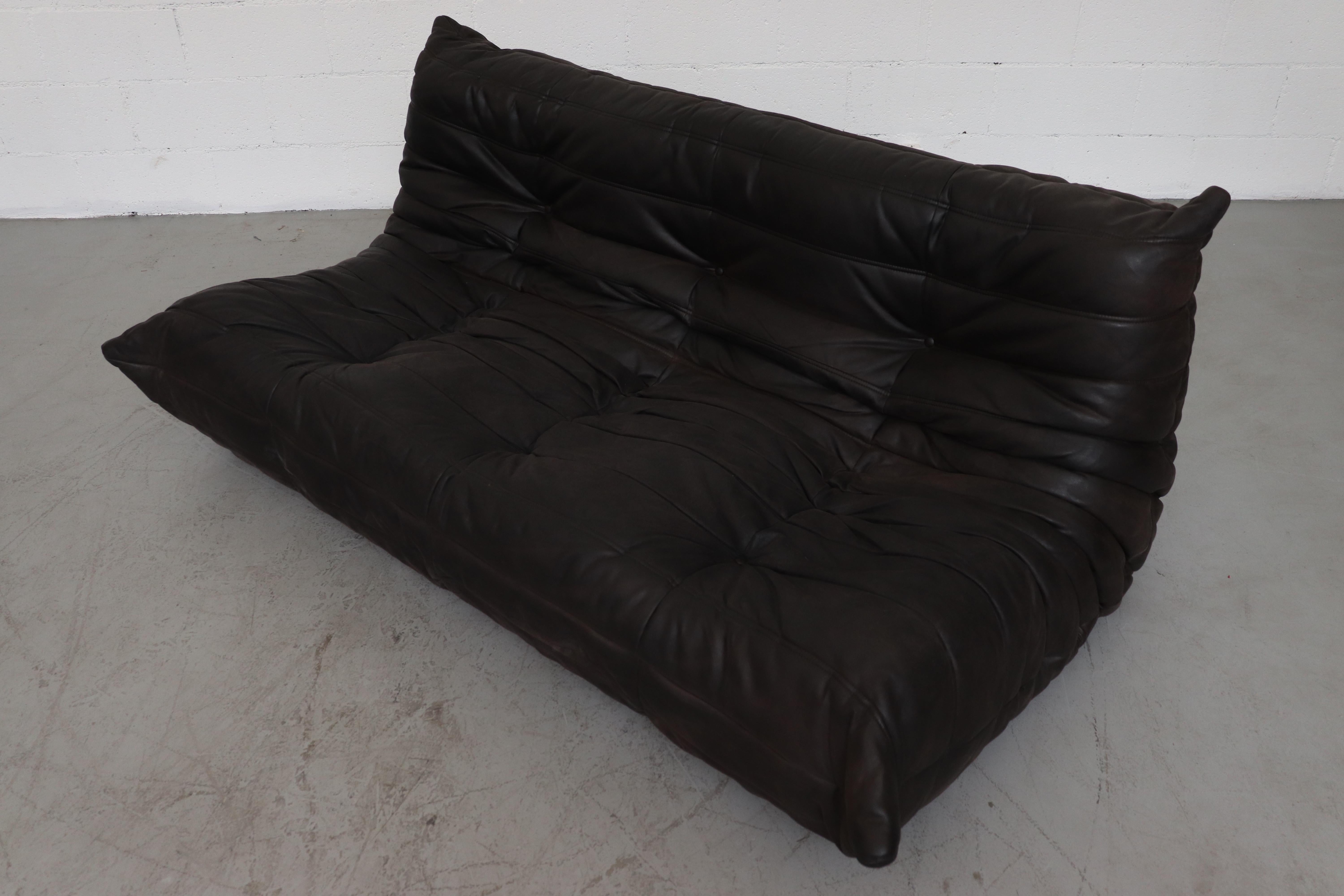 Ligne Roset 'TOGO' Matte Black Leather 3-Seater Sofa with Ottoman 2