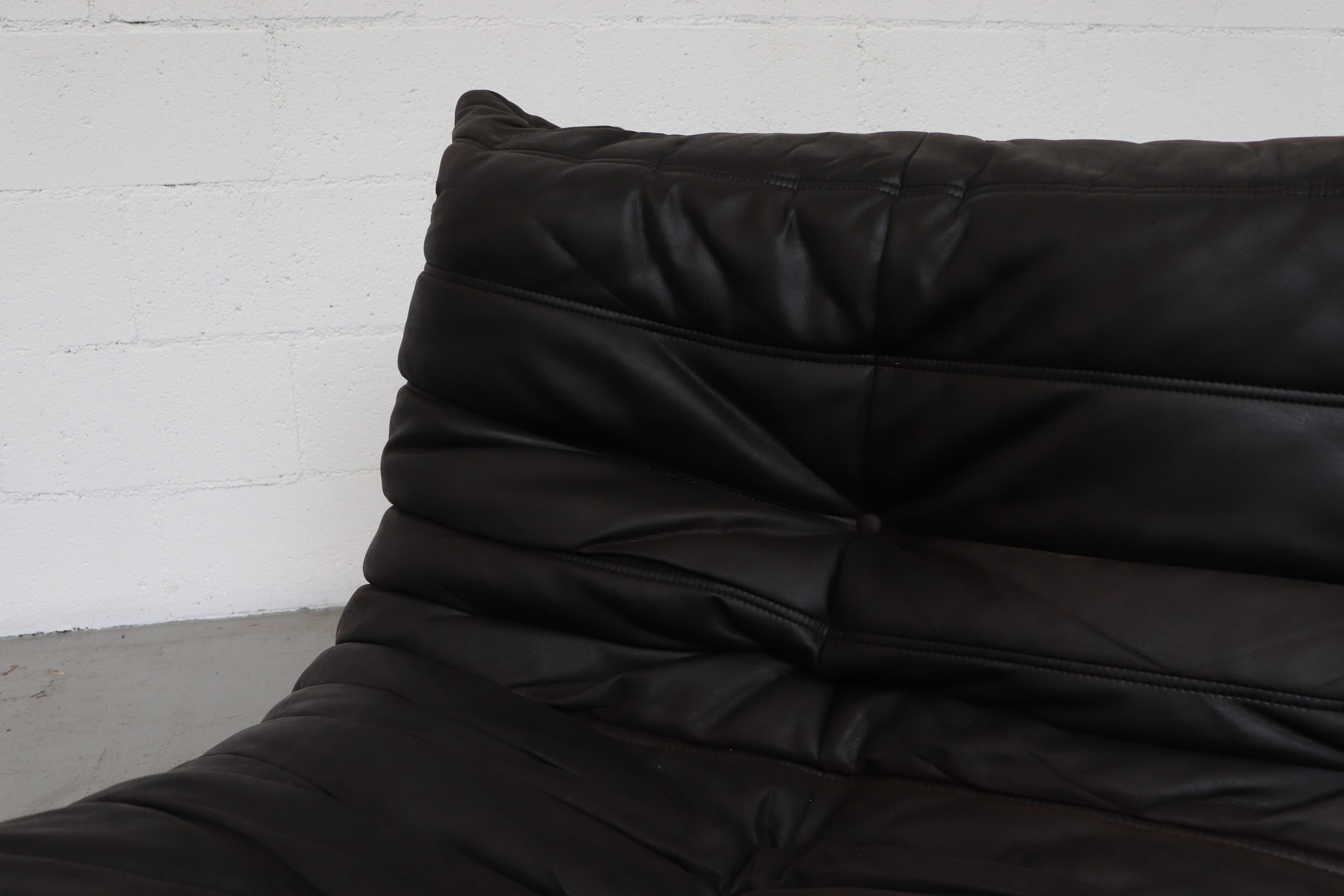 Ligne Roset 'TOGO' Matte Black Leather 3-Seater Sofa with Ottoman 3