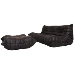 Ligne Roset 'TOGO' Matte Black Leather 3-Seater Sofa with Ottoman