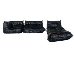 Ligne Roset Togo Modular Sofa Set in Black Leather by Michel Ducaroy, 1970s