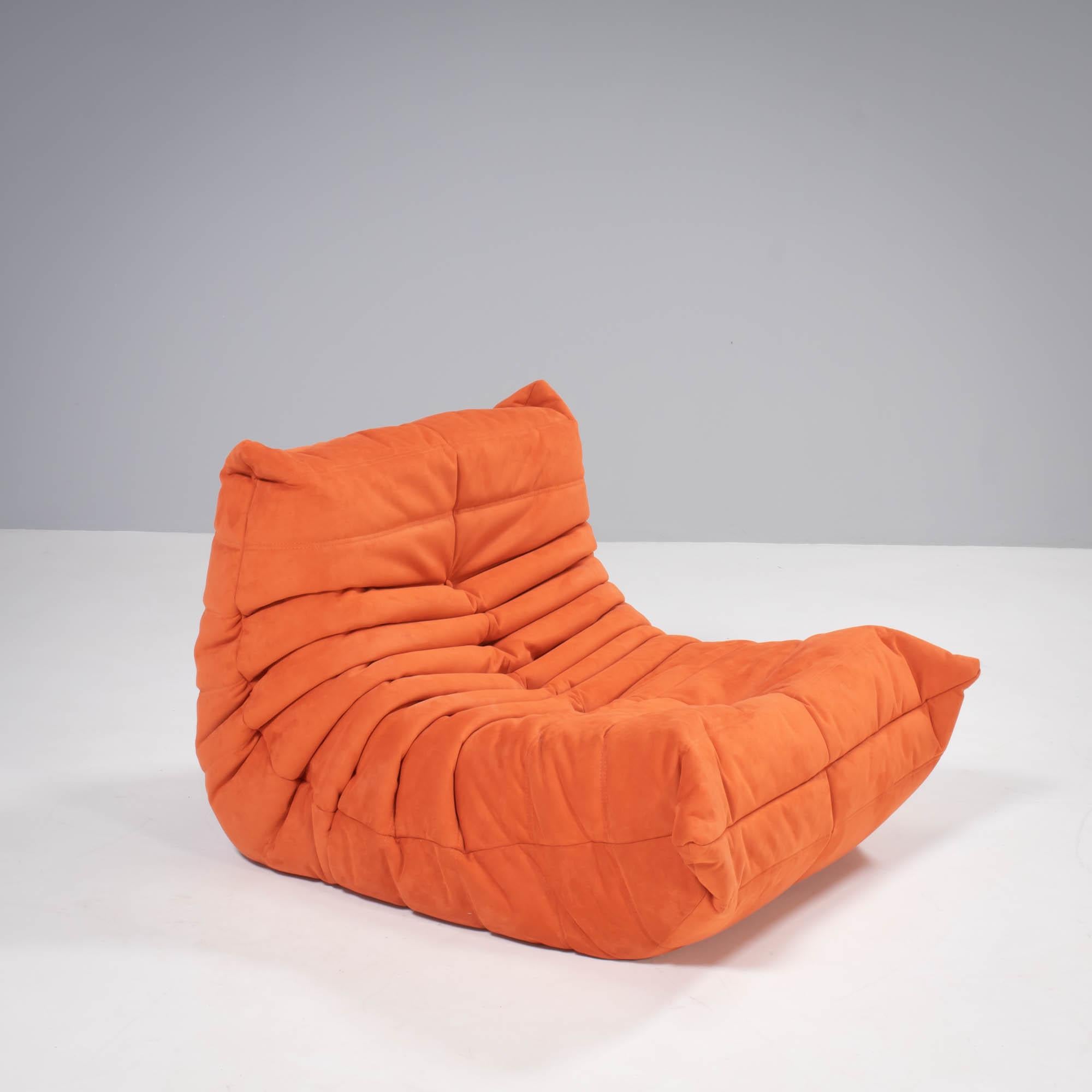 French Ligne Roset Togo Orange Armchair and Footstool by Michel Ducaroy, Set of 2