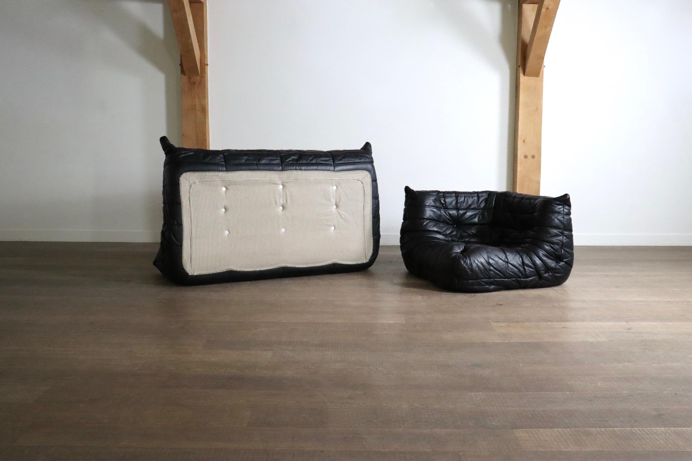 Ligne Roset Togo Sofa Set in Black Leather by Michel Ducaroy, Original 1988 For Sale 7