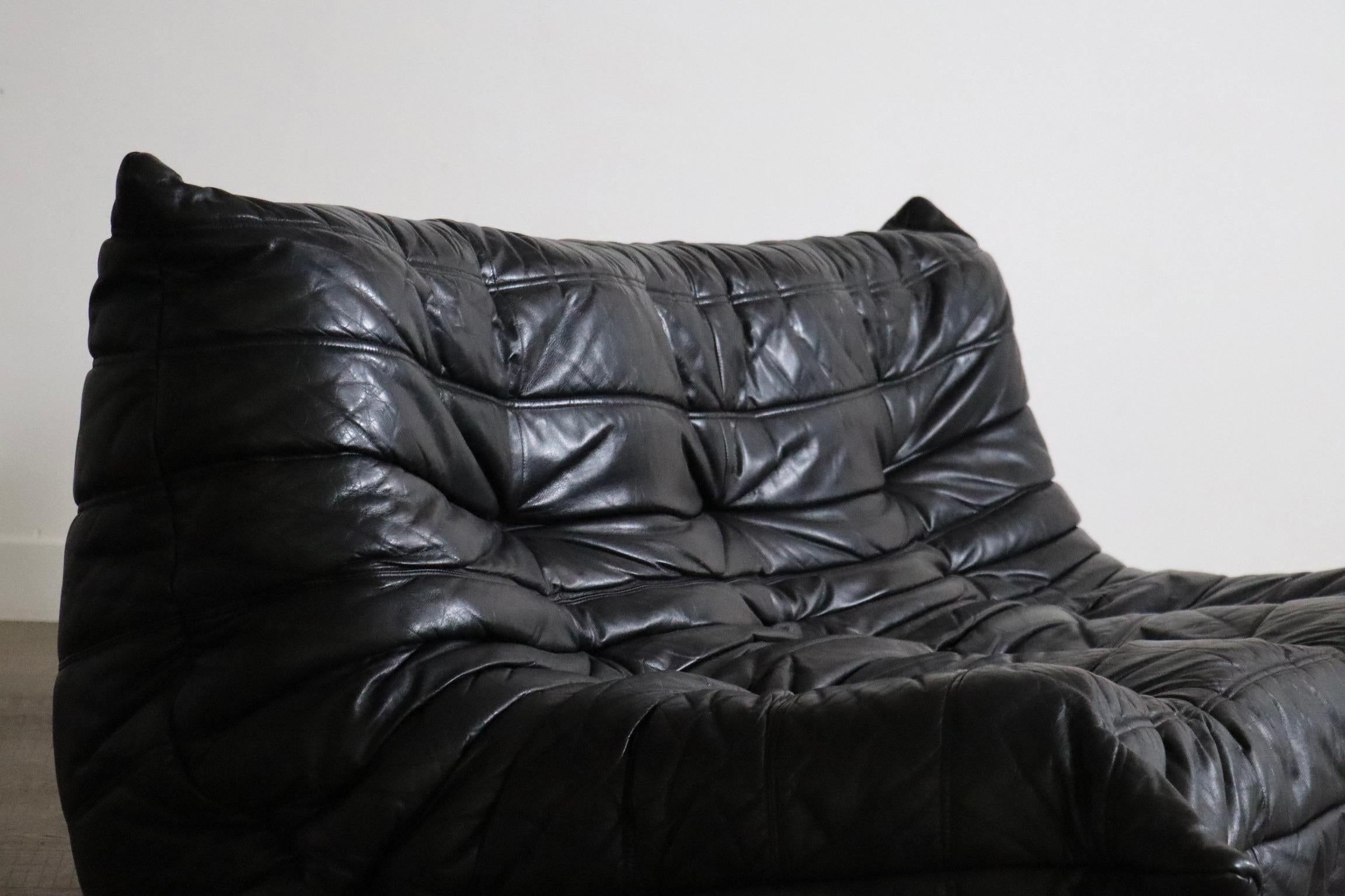 Late 20th Century Ligne Roset Togo Sofa Set in Black Leather by Michel Ducaroy, Original 1988 For Sale