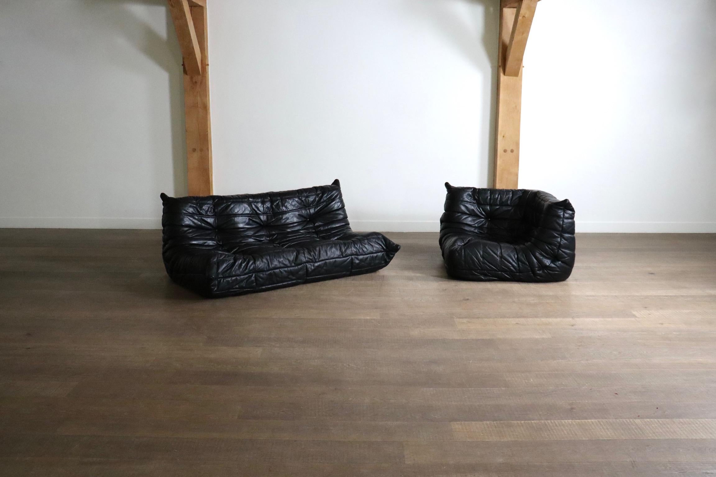 Ligne Roset Togo Sofa Set in Black Leather by Michel Ducaroy, Original 1988 For Sale 2