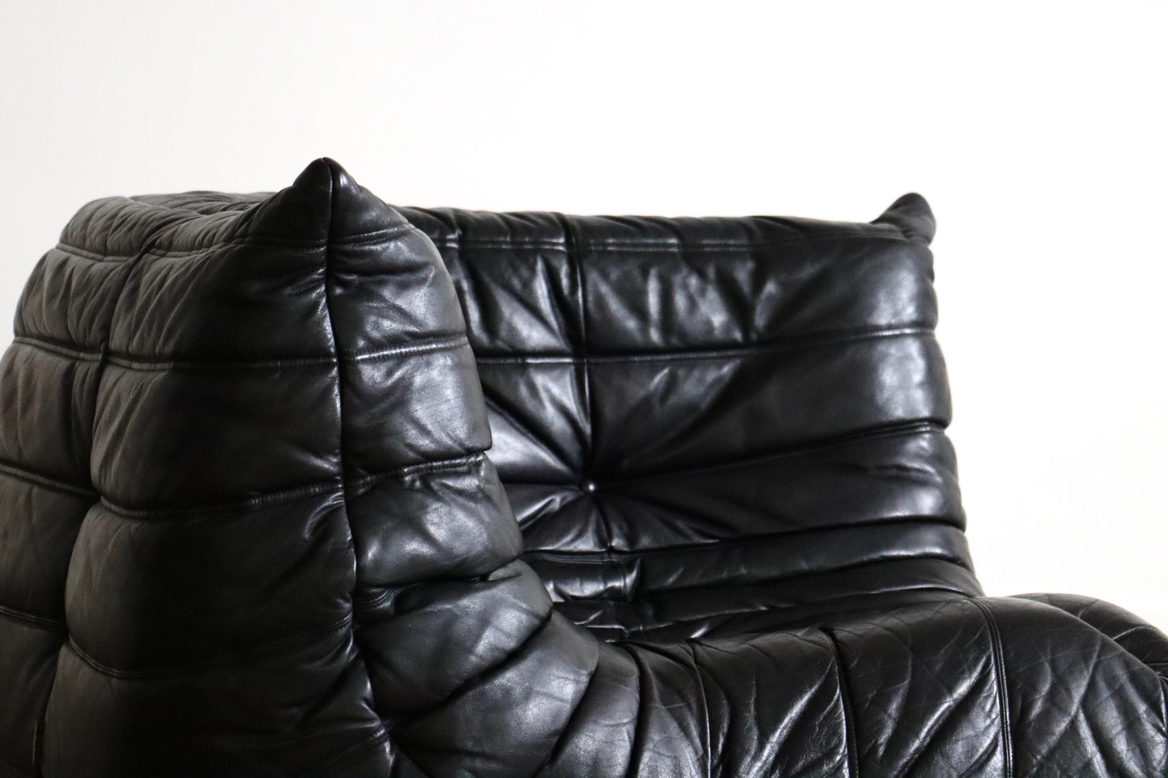 Ligne Roset Togo Sofa Set in Black Leather by Michel Ducaroy, Original 1988 For Sale 3
