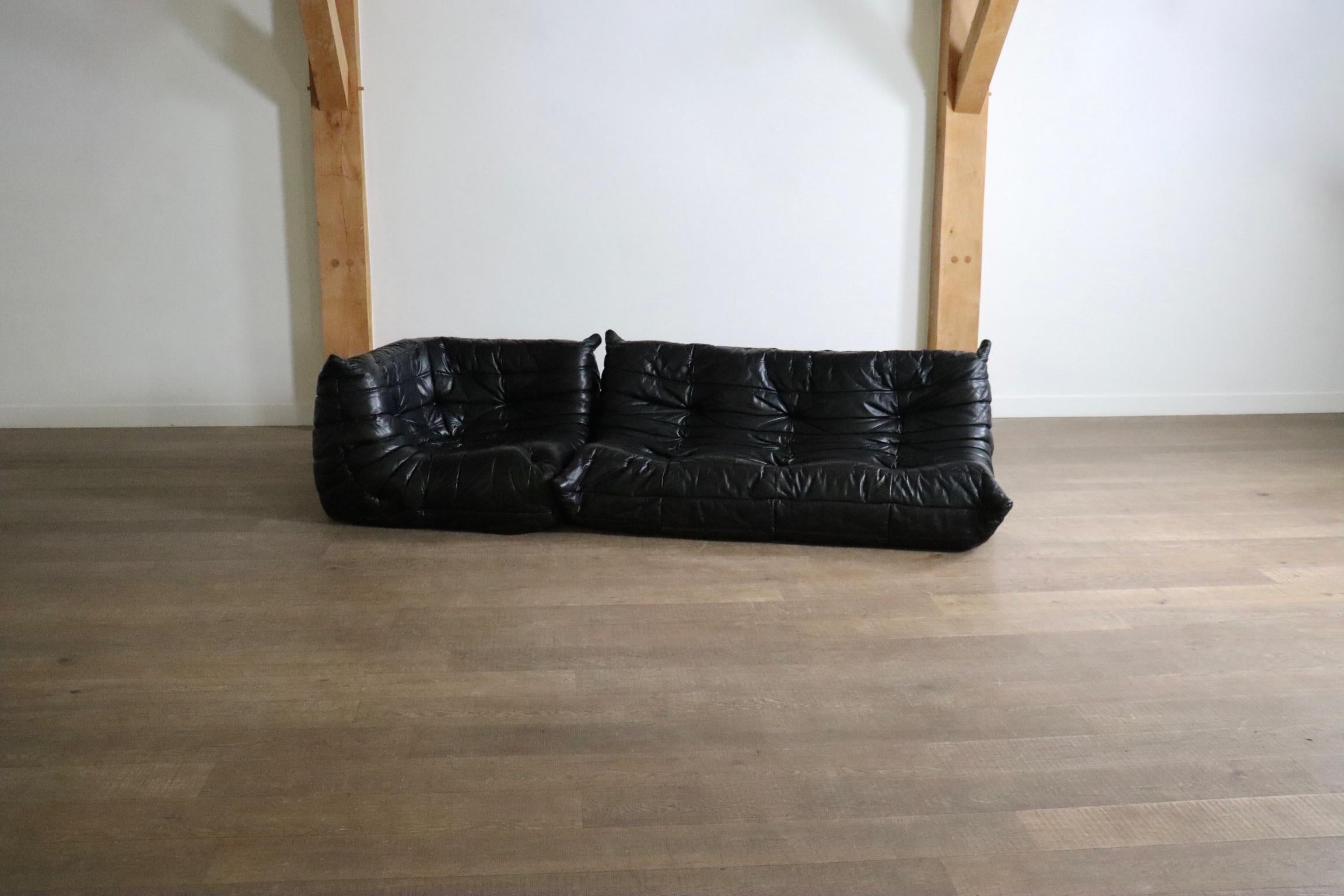 Ligne Roset Togo Sofa Set in Black Leather by Michel Ducaroy, Original 1988 For Sale 4