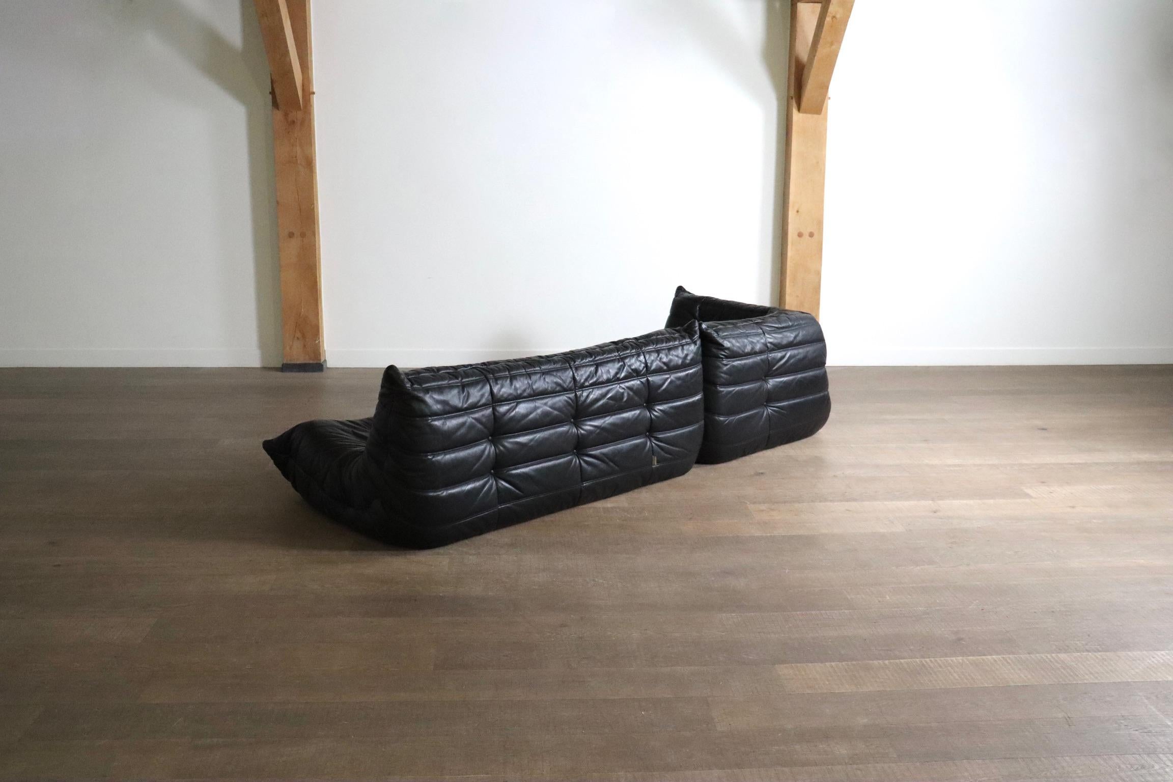 Ligne Roset Togo Sofa Set in Black Leather by Michel Ducaroy, Original 1988 For Sale 5