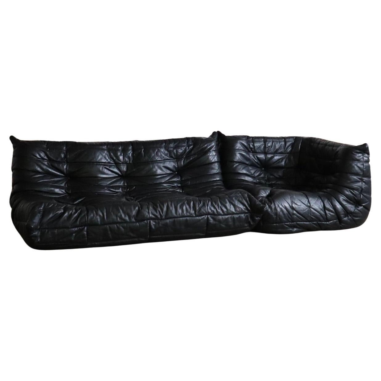 Ligne Roset Togo Sofa Set in Black Leather by Michel Ducaroy, Original 1988 For Sale