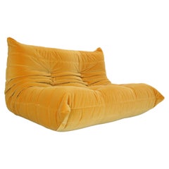 Retro Ligne Roset "Togo" Sofa Upholstered in Yellow Velvet Fabric, Michel Ducaroy 1973