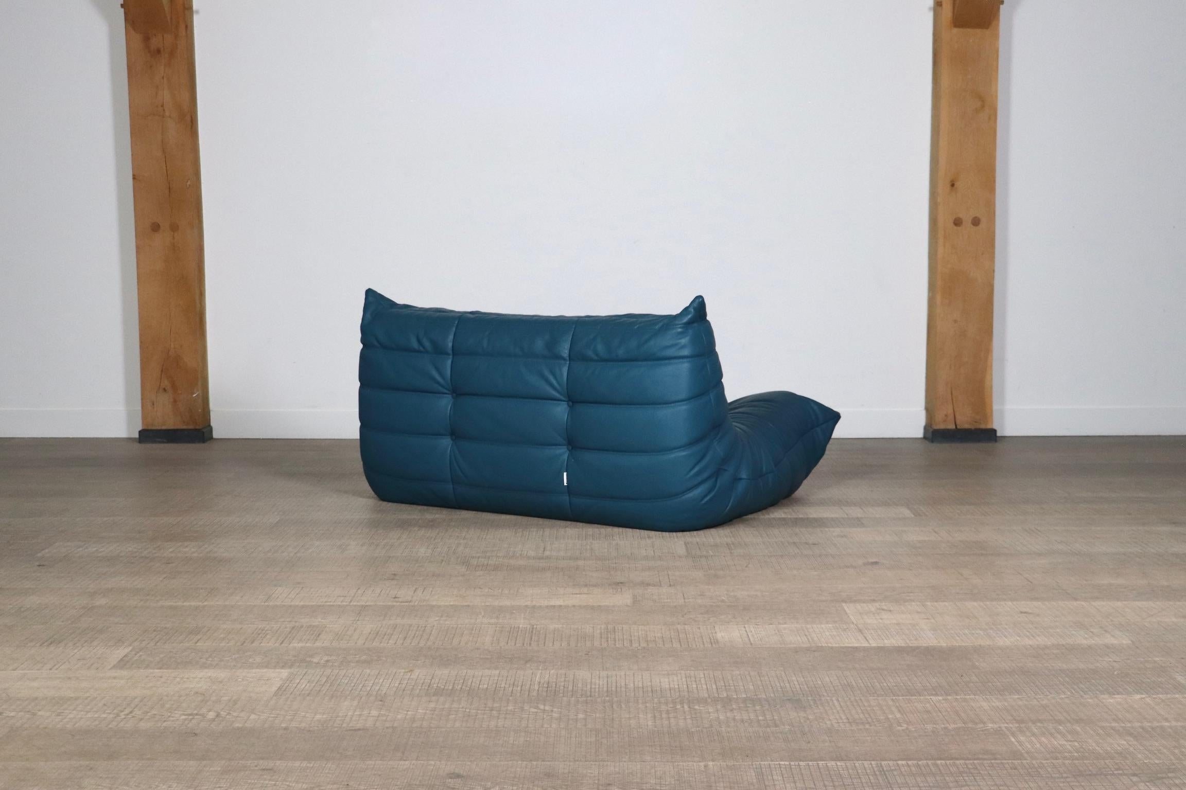 Ligne Roset Togo two seater sofa in petrol Leather By Michel Ducaroy, 1970s 1