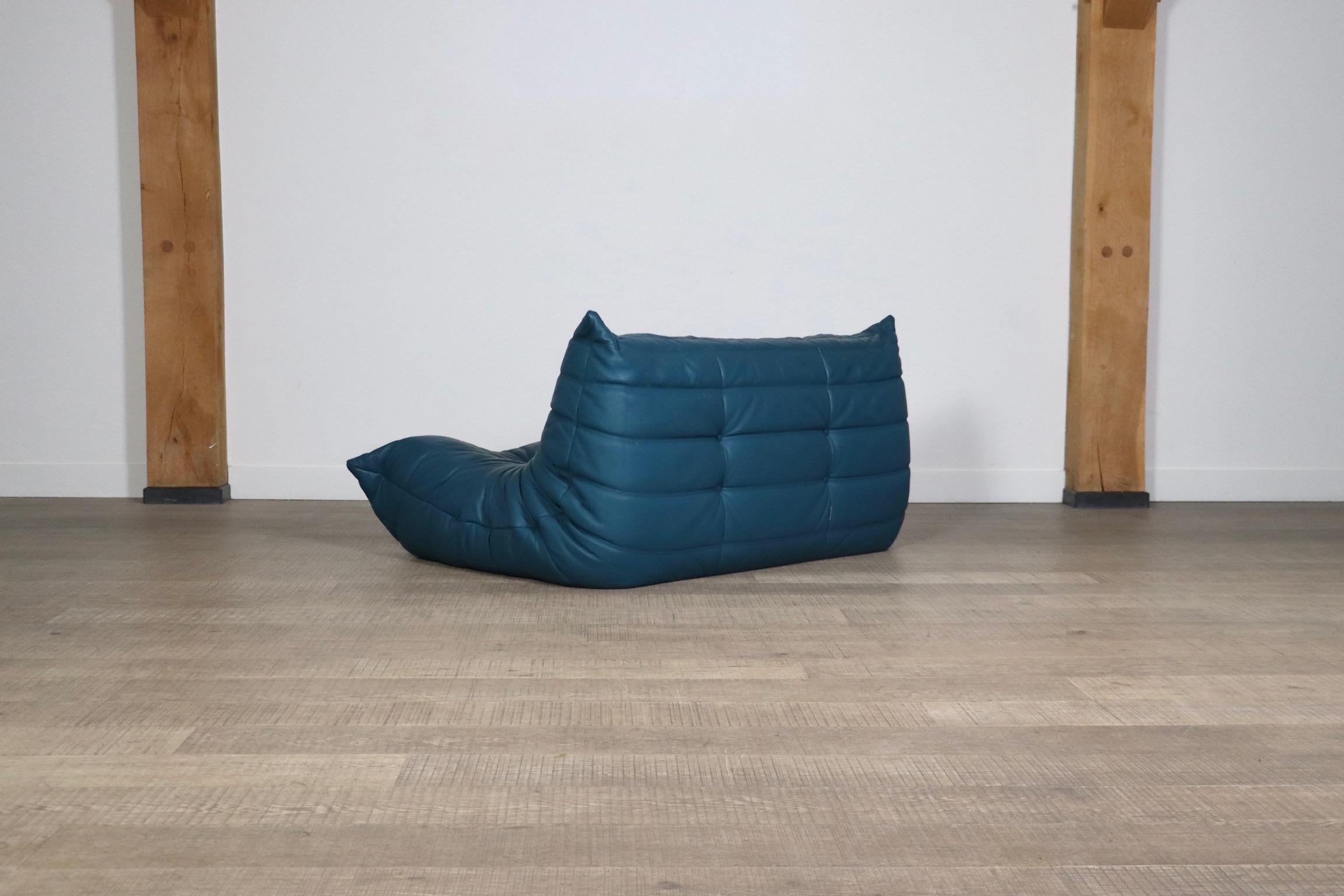 Ligne Roset Togo two seater sofa in petrol Leather By Michel Ducaroy, 1970s For Sale 3