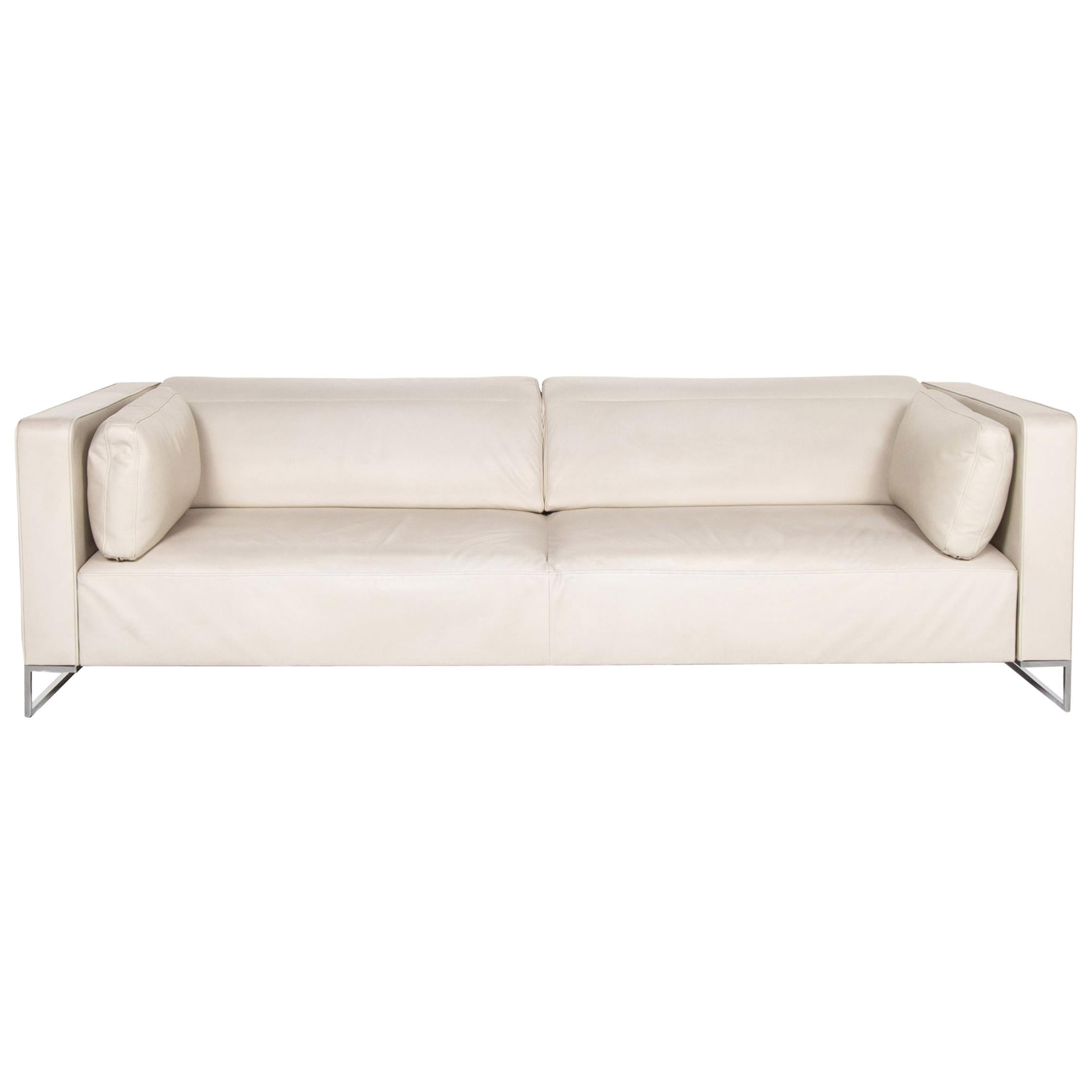 Ligne Roset Urbani Leather Sofa Cream Three-Seat Couch For Sale