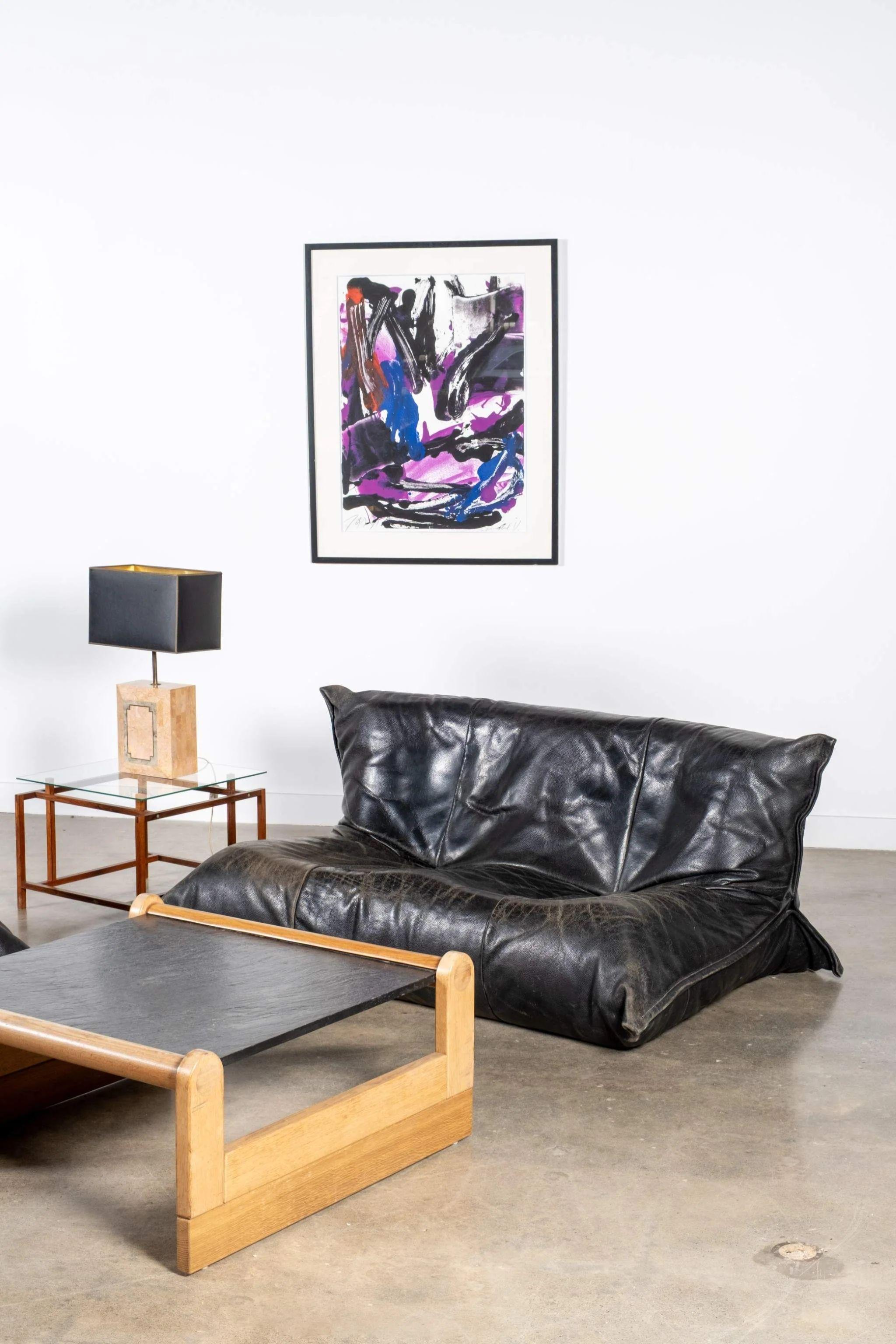 Post-Modern Ligne Roset Yoko 2-Seater Sofa, Original Black Leather by Michel Ducaroy For Sale