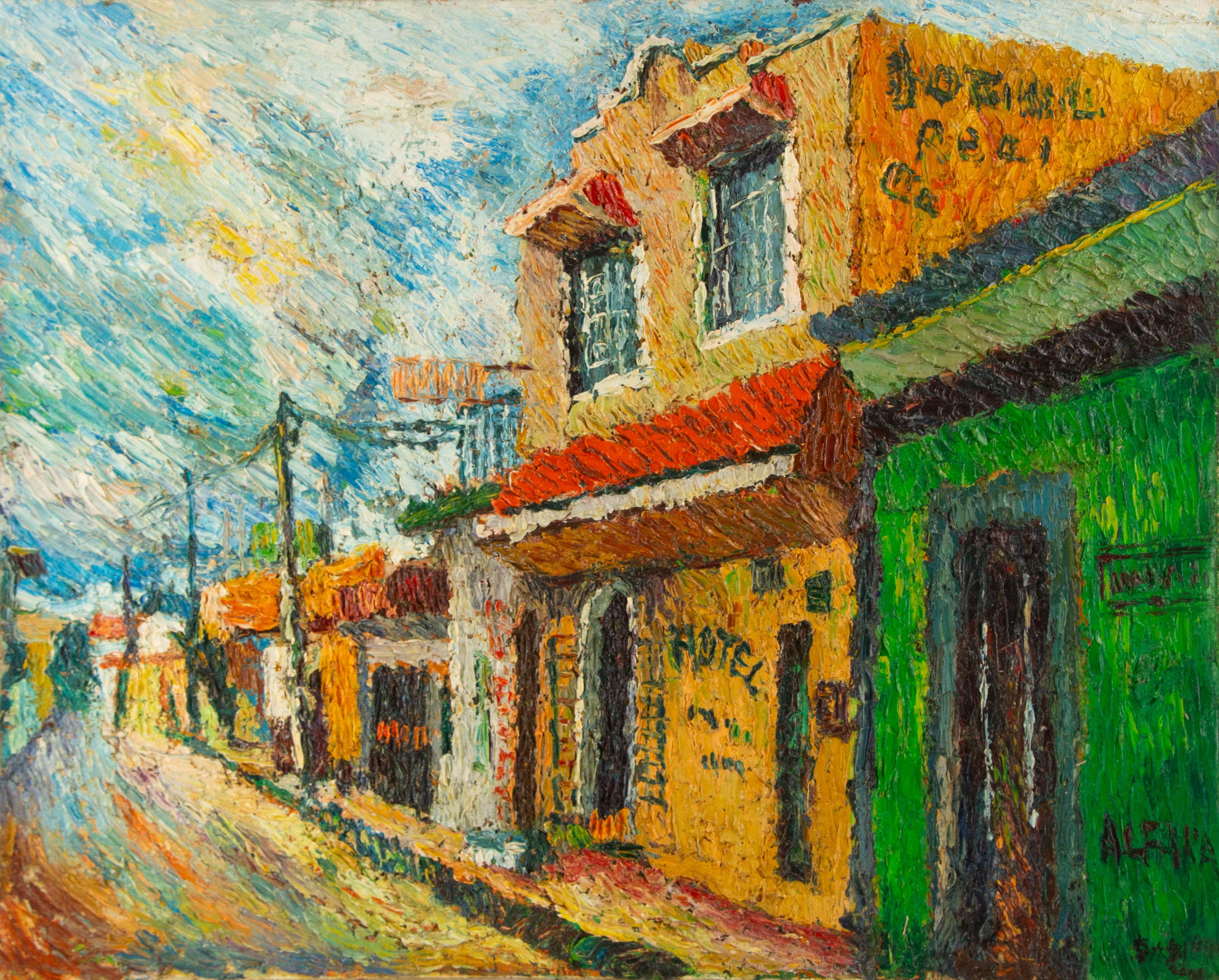  Titel: Straßenszene
 Medium: Öl auf Leinwand
 Größe: 23,75 x 29,75 Zoll
 Rahmen: Einrahmungsmöglichkeiten vorhanden!
 Zustand: Das Gemälde scheint in ausgezeichnetem Zustand zu sein.
 Hinweis: Dieses Gemälde ist nicht aufgespannt und wird gerollt